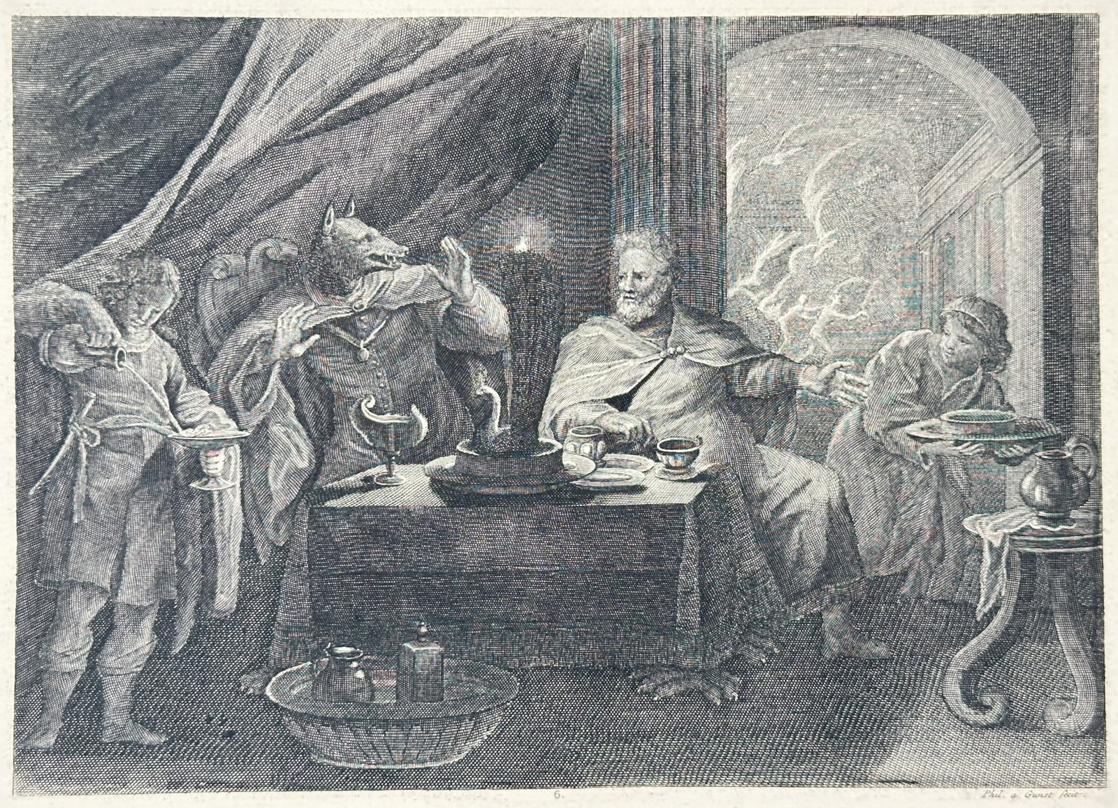 Pieter Stevens van Gunst – Jupiter and Lycaon – Engraving (18th Century): "Jupiter and Lycaon" depicts the mythological banquet where the king Lycaon is transformed into a wolf as divine punishment while serving a feast to the god Jupiter at a table. Created during the eigh