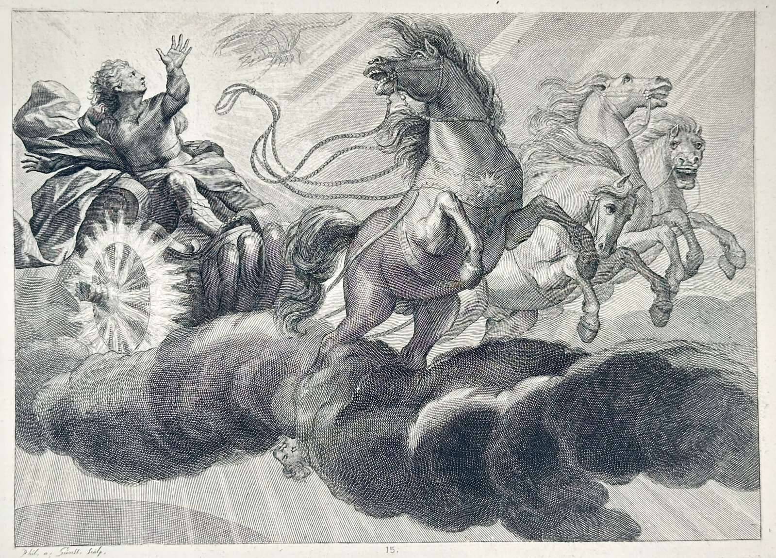 Pieter Stevens van Gunst – Phaeton Driving the Chariot of the Sun – Engraving (18th Century): "Phaeton Driving the Chariot of the Sun" depicts the dramatic mythological ascent of Phaeton losing control of the blazing solar chariot pulled by four wild, rearing horses across a sky filled with he