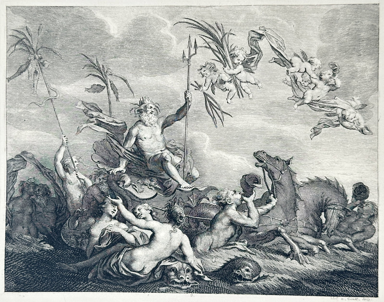 Pieter Stevens van Gunst – Triumph of Neptune – Engraving (18th Century): "Triumph of Neptune" depicts the mythological ruler of the sea riding an ornate chariot pulled by powerful marine steeds through cresting ocean waves surrounded by an assembly of mythical sea creature