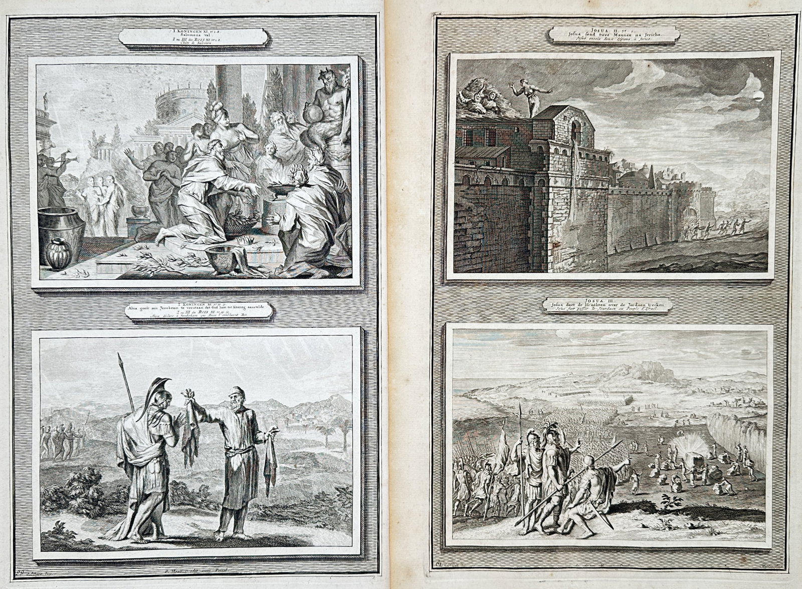 Pierre Mortier – Set of 2: Biblical Scenes and Historical Illustrations – Engravings (18th: "Scenes from the Books of Chronicles and Joshua" depicts various dramatic biblical events, including ceremonial sacrifices before classical structures and military encampments under vast skies. These 