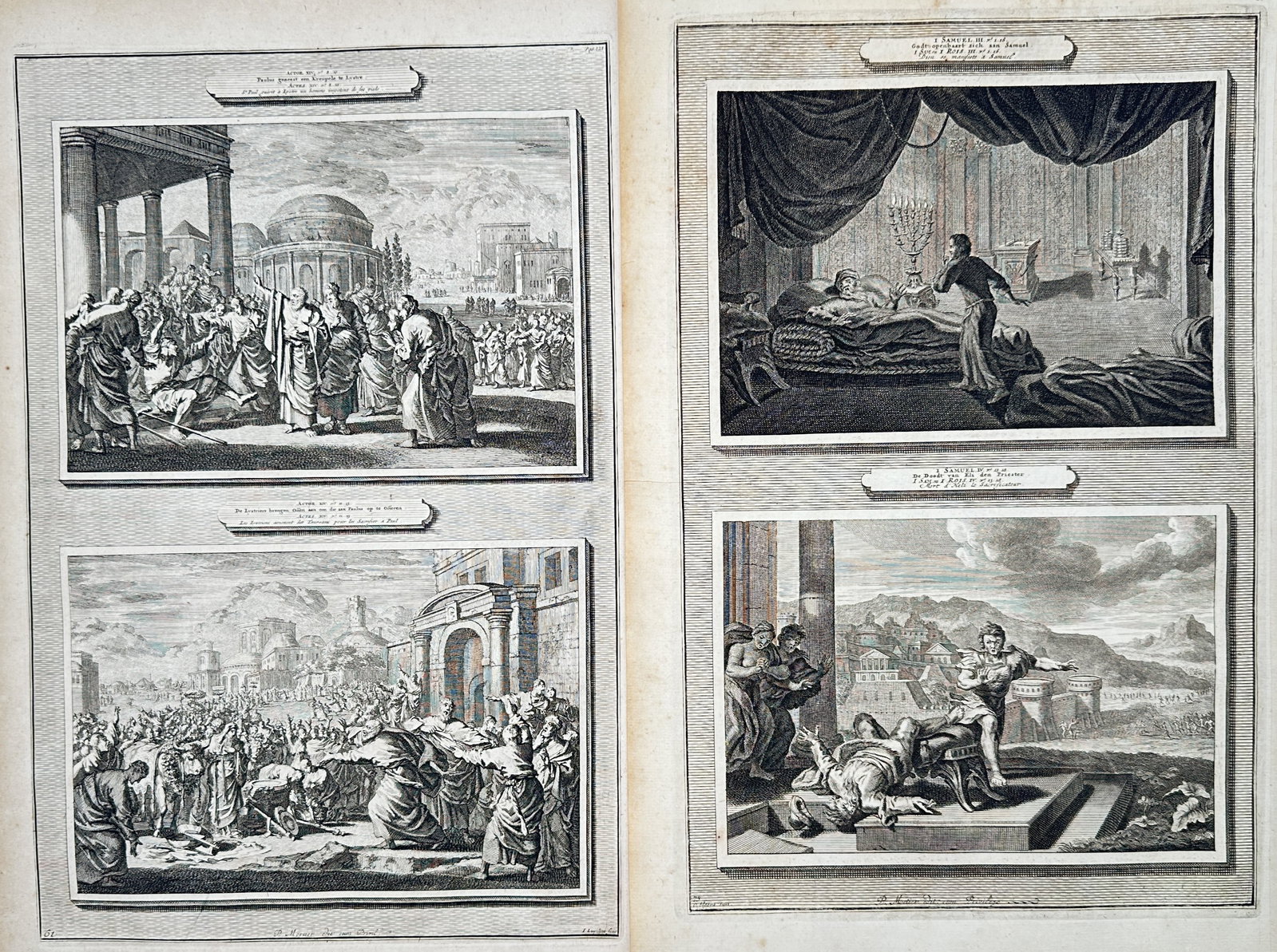 Pierre Mortier – Set of 2: Biblical Scenes and Classical Imagery – Engravings (18th Century): "Scenes from the Books of Acts and Samuel" depicts dramatic narrative moments from scripture, showing crowds gathered outside grand temples and quiet interiors illuminated by sacred candelabras. These