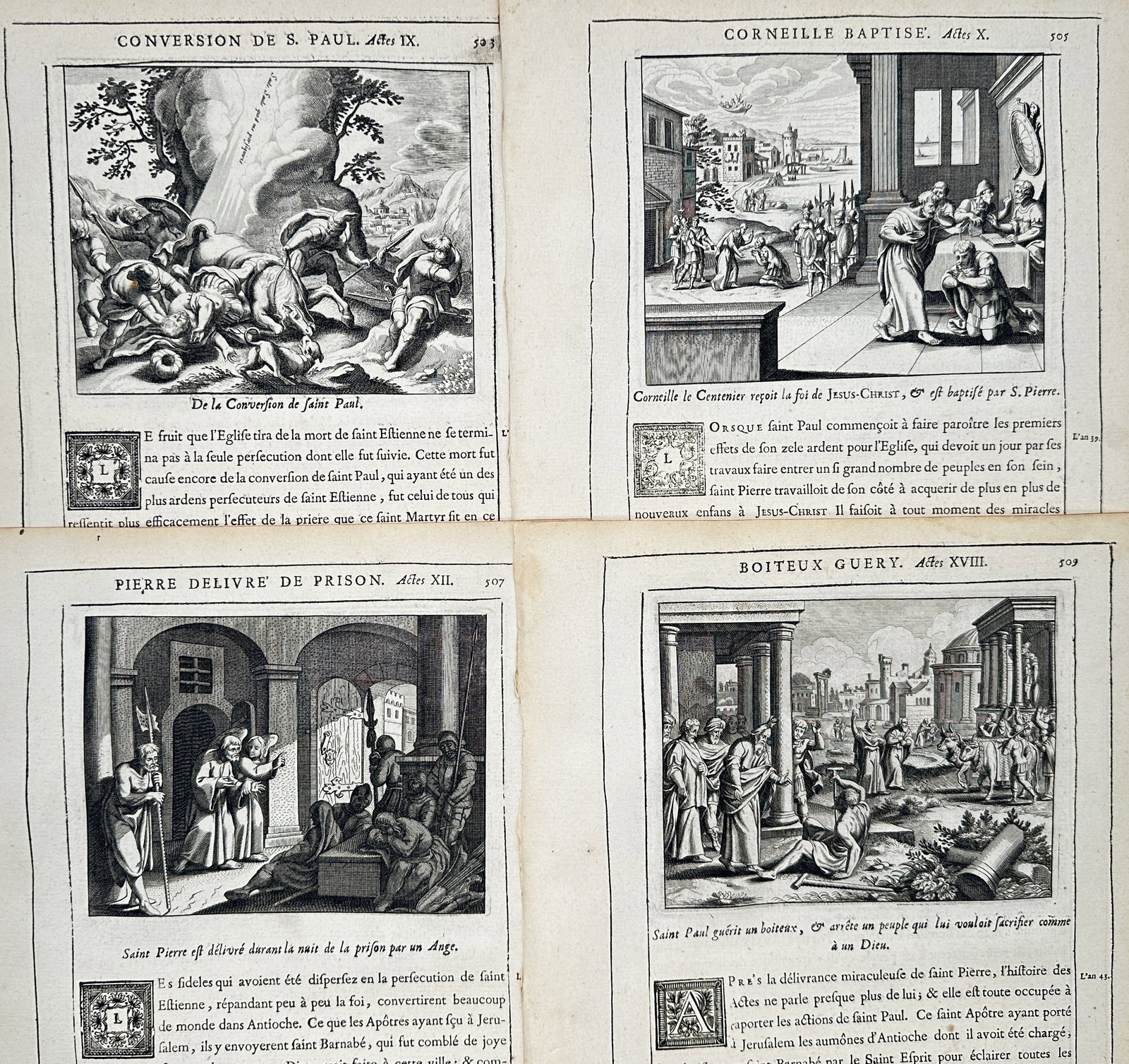 Nicolas Fontaine – Set of 4: Scenes from the Acts of the Apostles – Engravings (17th Century): The Conversion of Saint Paul, the Baptism of Cornelius, Saint Peter's Deliverance from Prison, and the Healing of the Lame Man at Lystra represent four dramatic New Testament episodes of divine interv