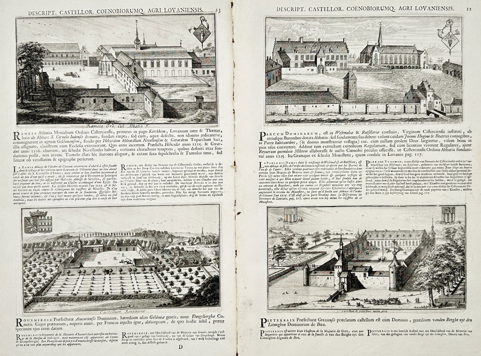 Jacques Le Roy – Set of 2: Descriptions of Castles and Estates – Engravings (18th Century): "Set of Two: Descriptions of Castles and Estates" presents paired architectural and topographic studies depicting monastic and aristocratic establishments rendered in elevated perspective views, with 