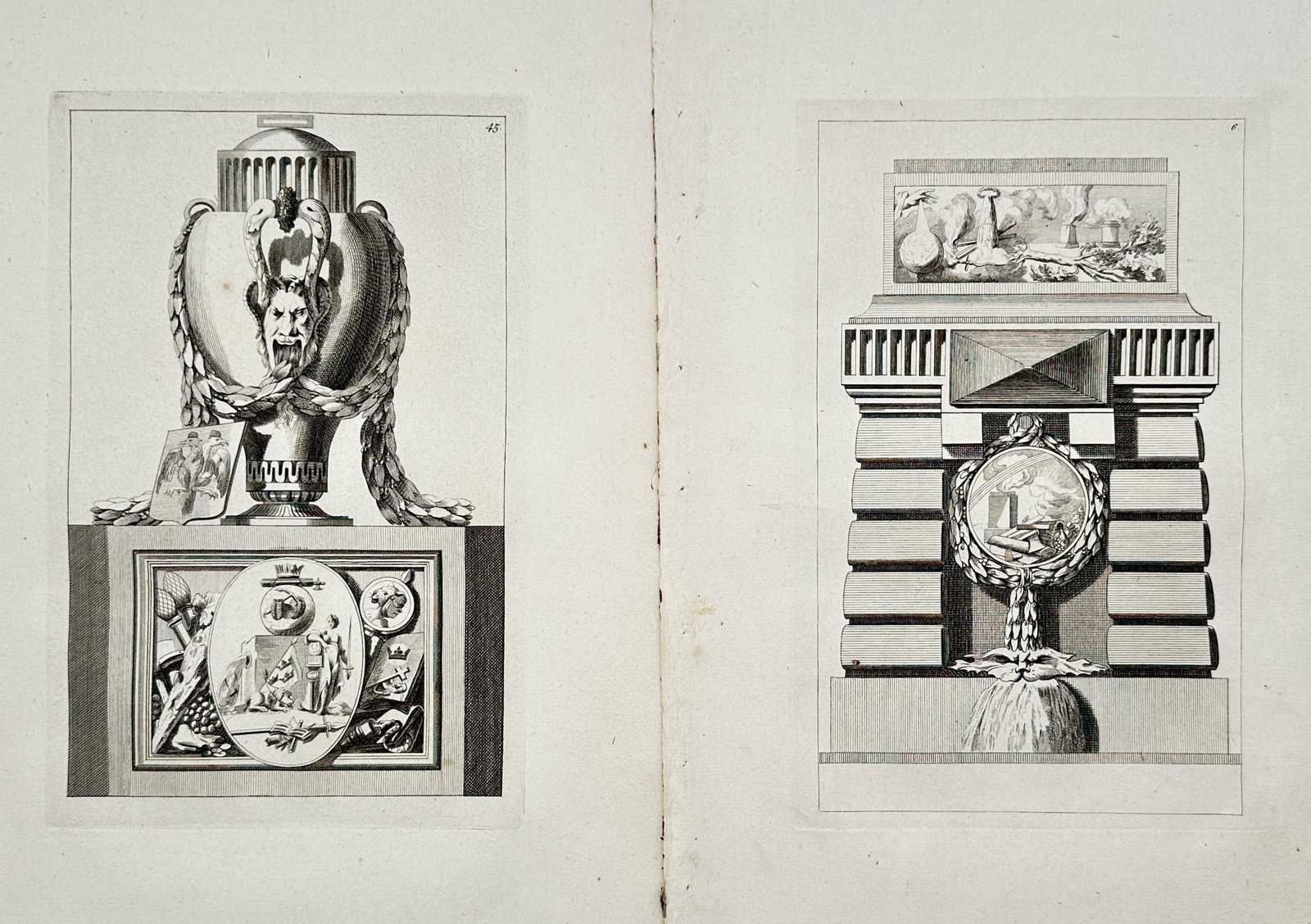 Jean-Charles Delafosse – Set of 2: Ornamental Sculptural Monuments and Architectural Fountains: "Set of Two: Ornamental Sculptural Monuments and Architectural Fountains" presents two monumental decorative designs depicting elaborate sculptural pedestals and water features rendered in precise arc