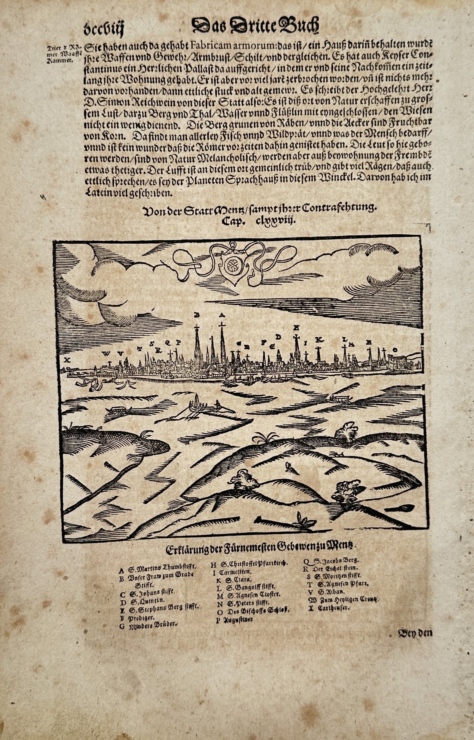 Sebastian Münster – View of Mainz – Germany – Woodcut (16th Century): "Map of Mainz" This woodcut presents a panoramic view of the city of Mainz along the Rhine, accompanied by coat of arms motifs and German typography with a key below. The print originates from Sebasti