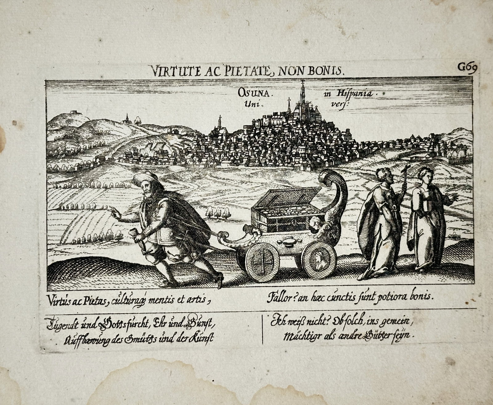 Daniel Meisner – View of Osuna – Spain – Engraving (17th Century): "Virtue and Piety, Not Wealth" presents a panoramic view of the Spanish city of Osuna set against an emblematic foreground composition emphasizing moral rectitude over material possessions. The work o