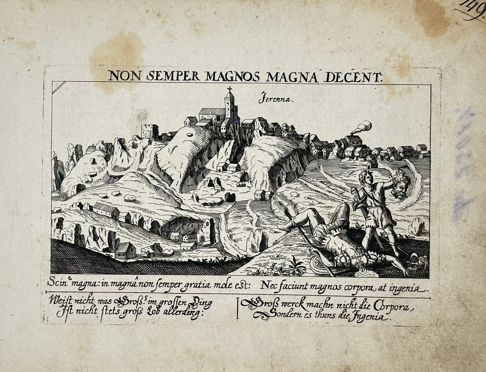 Daniel Meisner – View of Ferentillo – Italy – Engraving (17th Century): "Great Things Do Not Always Suit the Great" presents a hilltop view of the Italian town of Ferentillo accompanied by an emblematic scene depicting David with the severed head of Goliath. The work orig
