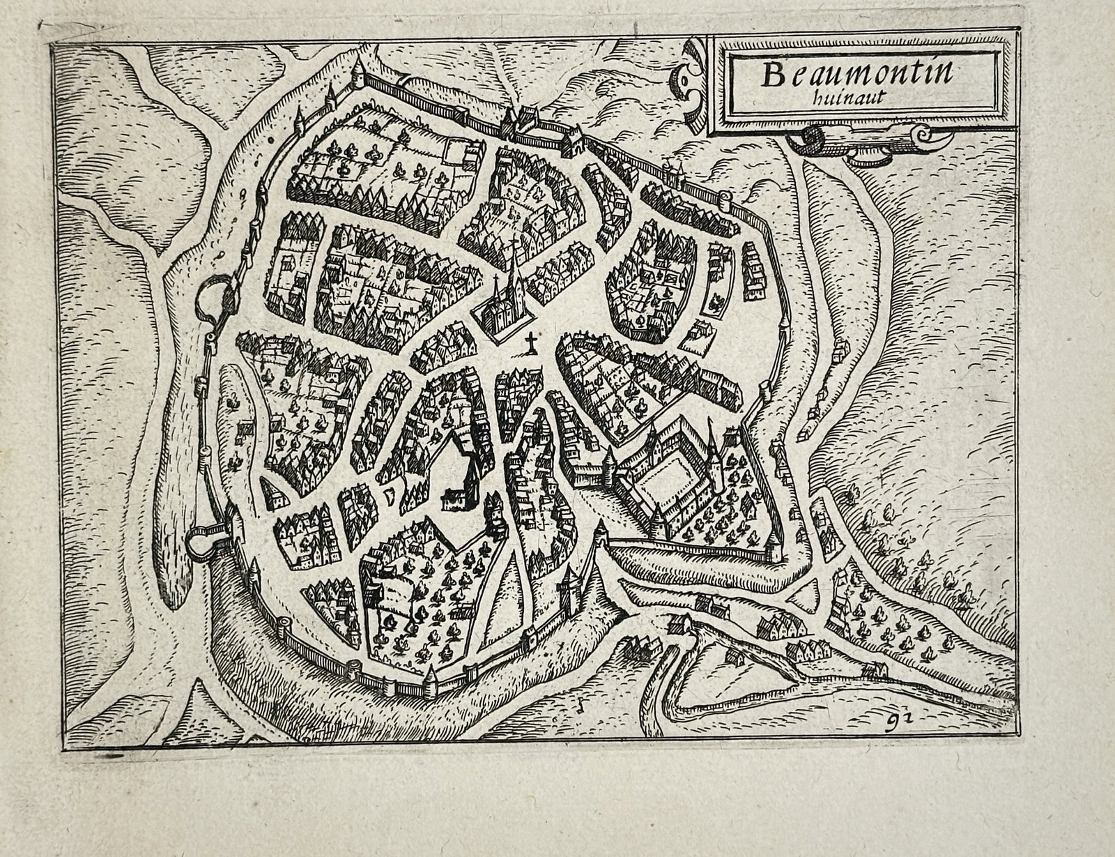 Lodovico Guicciardini – Map of Beaumont in Hainaut – Belgium – Engraving (16th Century) (1 of 2)
