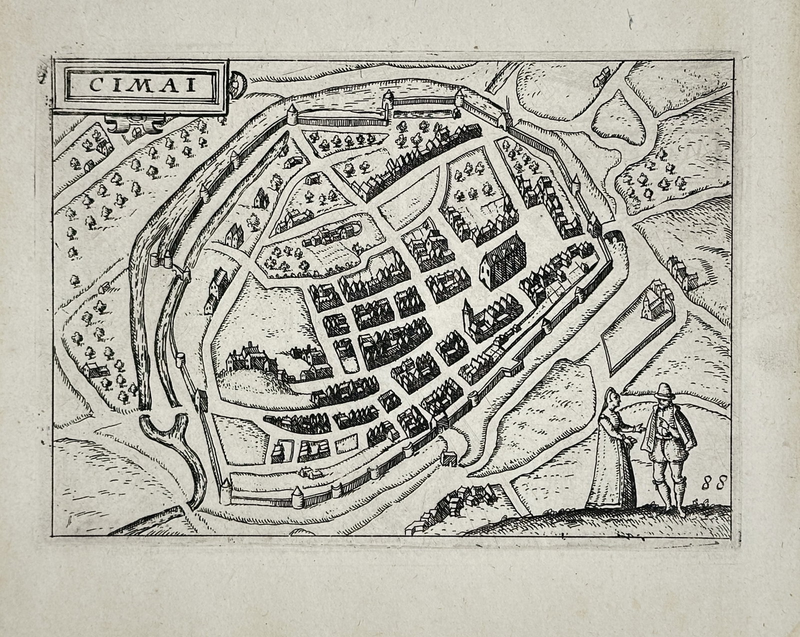 Lodovico Guicciardini – Map of Chimay – Belgium – Engraving (16th Century): "Chimay" presents a bird's-eye topographical view outlining the fortified perimeter, inner street networks, and surrounding landscape of the town of Chimay. Executed as an engraving during the sixteen