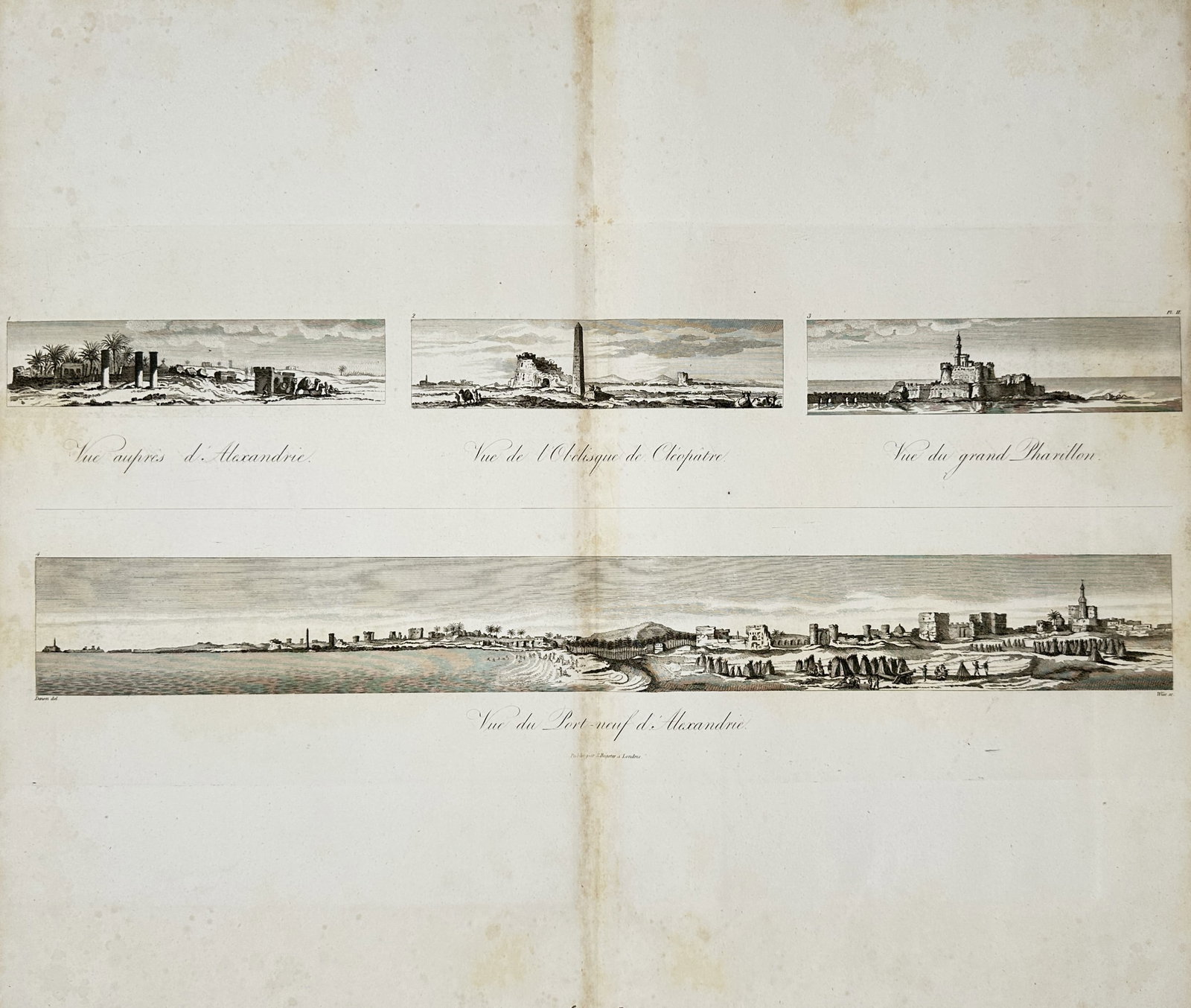 Samuel Bagster – Views of Alexandria and Cleopatra's Needle – Engravings (1802): "Views of Alexandria" presents four landscape vignettes depicting historical landmarks of Alexandria, including coastal vistas, ancient obelisks, and the harbor fortress. Executed as engravings in 180