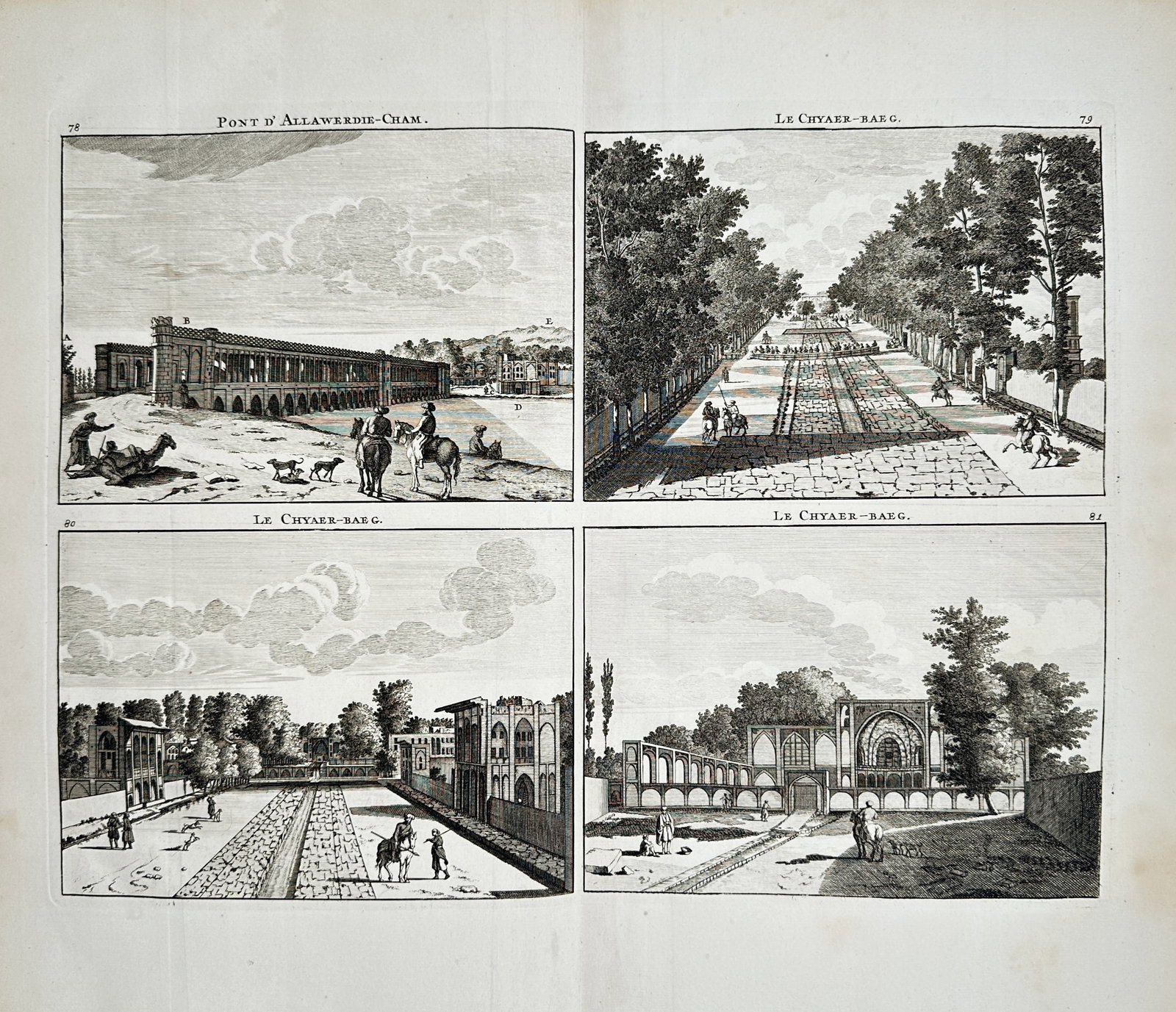 Cornelis de Bruijn – Views of Isfahan: Si-o-se-pol Bridge and Chahar Bagh Boulevard – Engraving: "Views of Isfahan" presents four detailed architectural vistas depicting the capital of Safavid Persia, including the iconic Allahverdi Khan Bridge and tree-lined avenues and gardens of the Chahar Bag