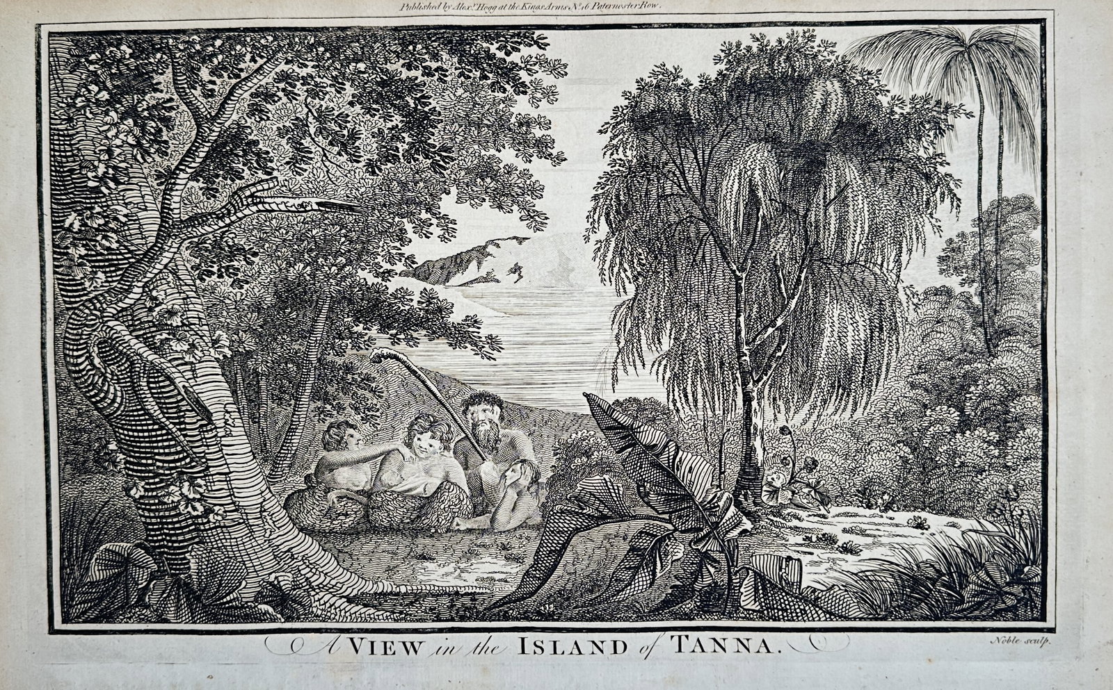 Alexander Hogg – Ethnographic Study of Tanna Island Inhabitants – Engraving (18th Century): "A View in the Island of Tanna" presents a broad landscape study depicting indigenous inhabitants of Tanna gathered beneath tropical vegetation. Published by Alexander Hogg in London during the late e