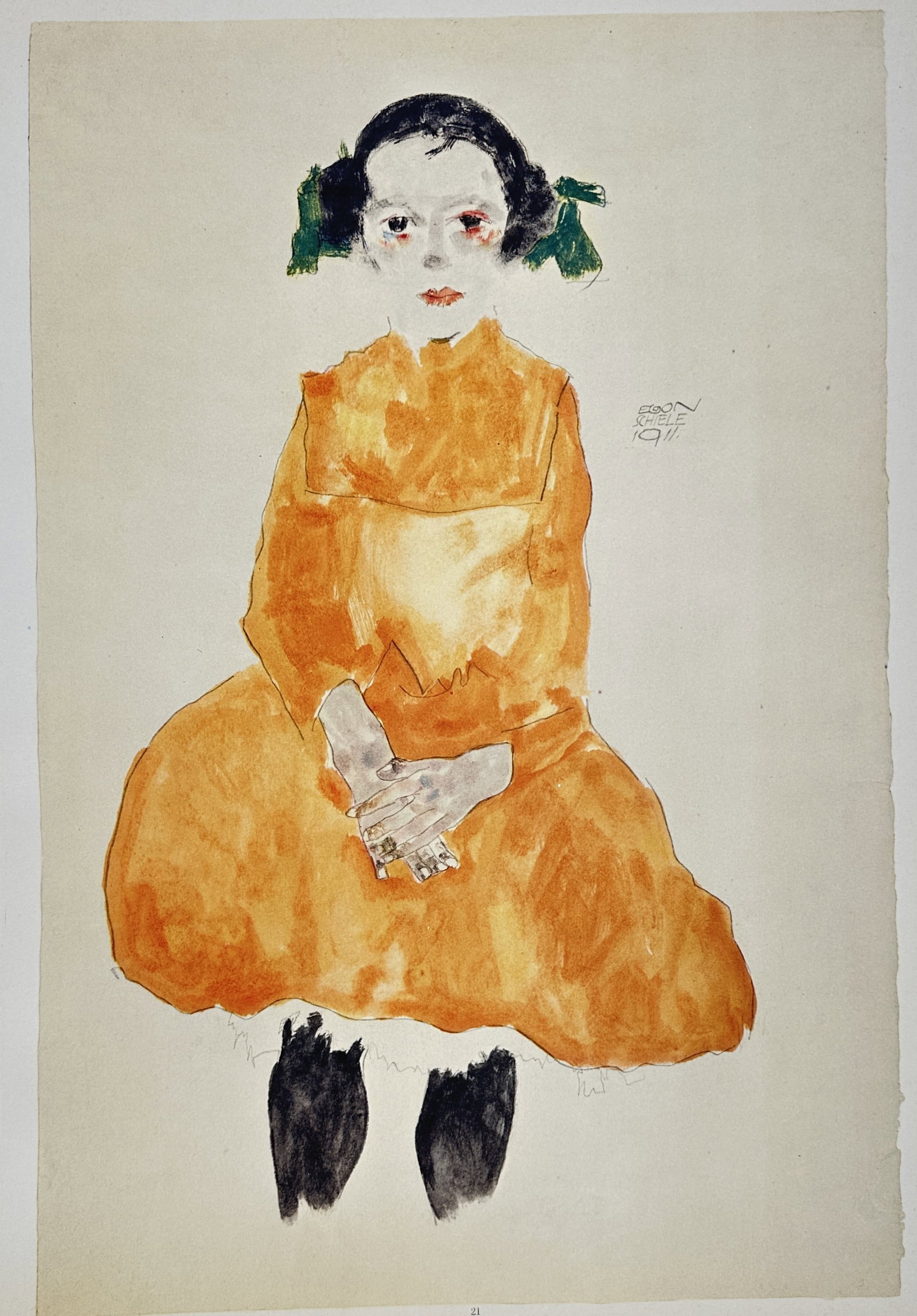 Egon Schiele,after – Portrait of a Seated Young Girl in an Orange Dress – Offset lithograph: "Portrait of a Seated Young Girl in an Orange Dress" presents an expressionistic figural study depicting a seated young girl with dark hair ribbons wearing a vibrant orange dress. Executed as an offse