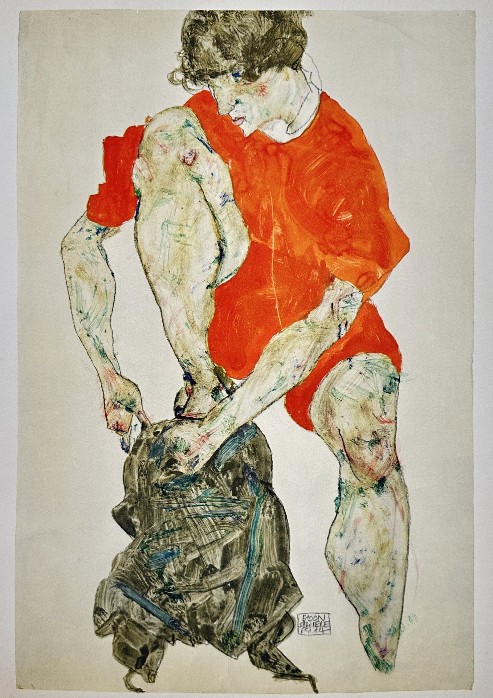 Egon Schiele,after – Figure Study of a Woman in a Red Garment – Offset lithograph (20th Century): "Figure Study of a Woman in a Red Garment" presents an expressionistic figural study depicting a seated woman in a vibrant red garment with one leg raised in a dynamic, angular pose. Executed as an of