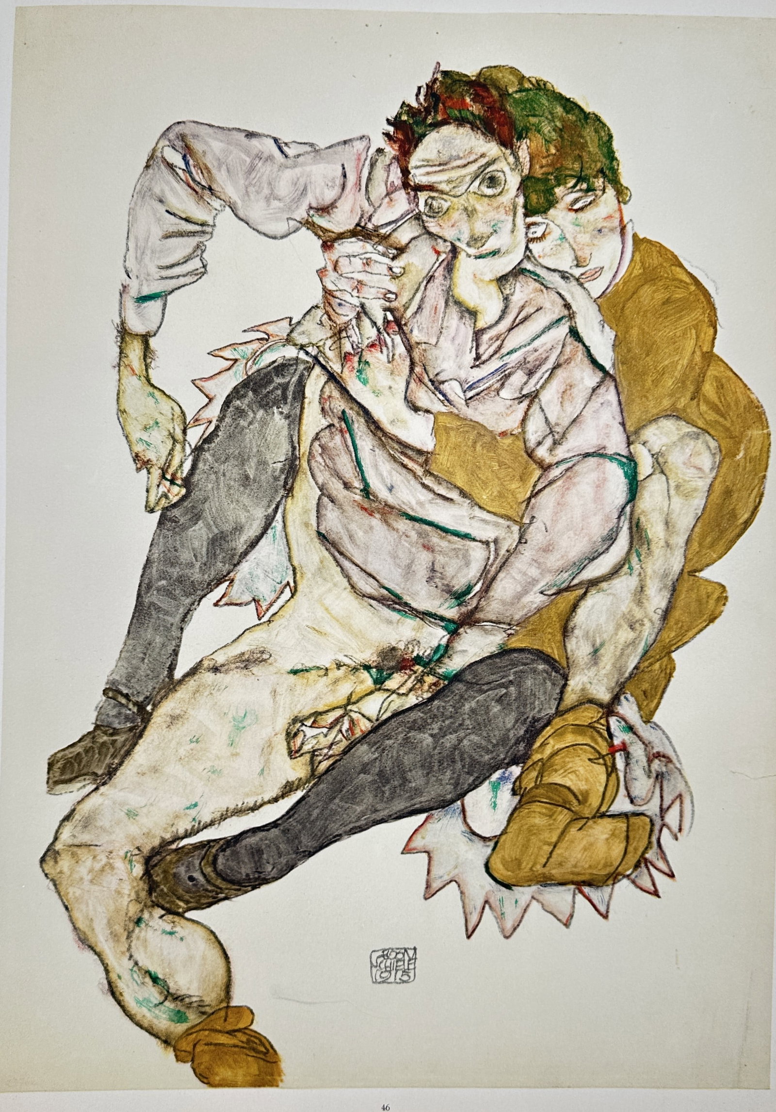Egon Schiele,after – Figure Study of Two Embracing Figures – Offset lithograph (20th Century): "Two Embracing Figures" presents an expressionistic study depicting two entangled figures held in an intimate embrace. Executed as an offset lithograph during the twentieth century, the print captures
