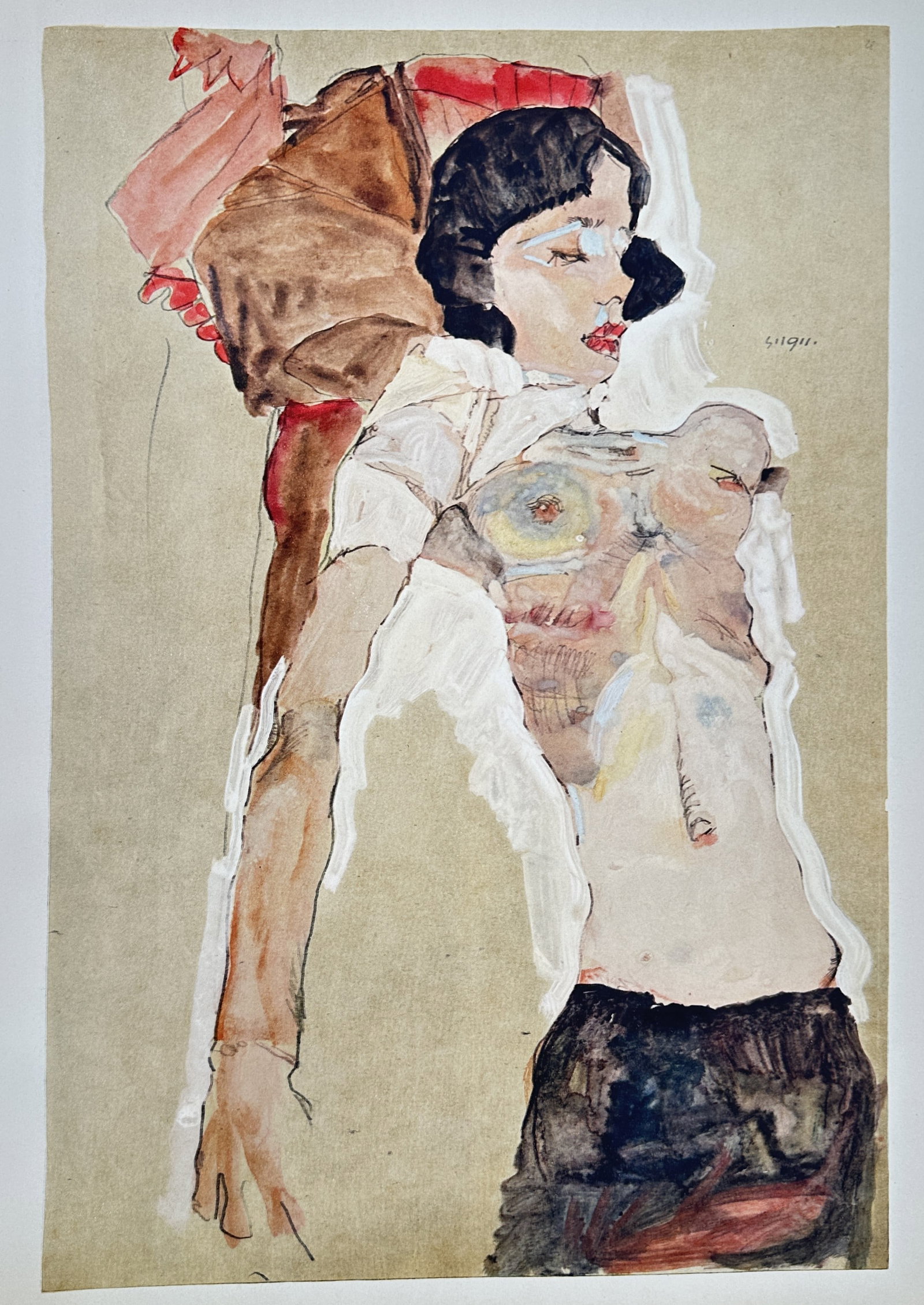 Egon Schiele,after – Figure Study of a Reclining Nude Female – Offset lithograph (20th Century): "Reclining Nude Female" presents an expressionistic figural study depicting a partially clothed woman reclining against cushions with exposed torso and expressive contours. Executed as an offset litho