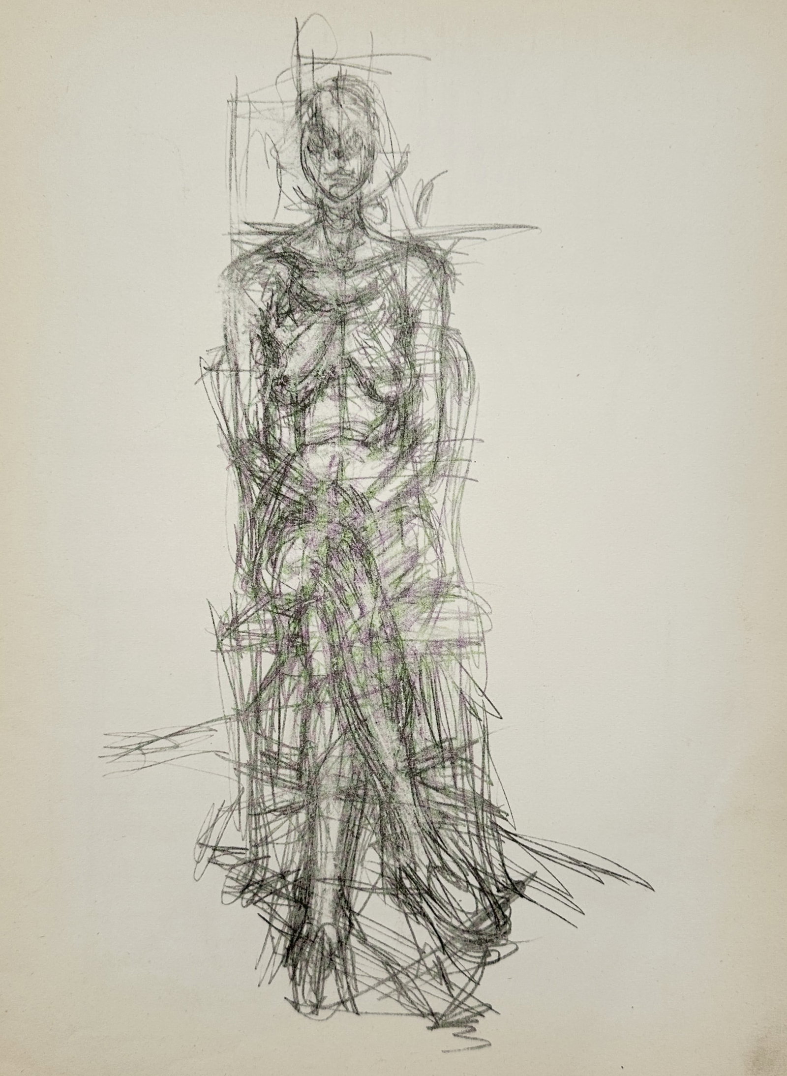 Alberto Giacometti,after – Figure Study of a Seated Nude – Offset lithograph (20th Century): "Seated Nude" presents a gestural figural study depicting a seated female nude composed of dense, searching line work. Executed as an offset print during the twentieth century, the work reflects the a