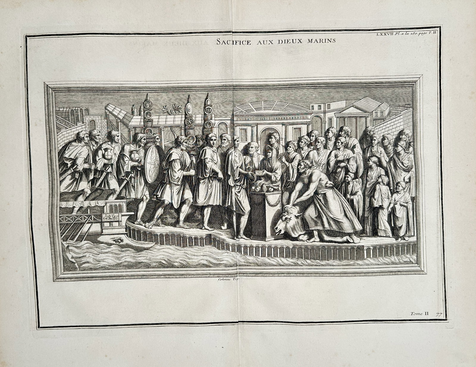 Bernard de Montfaucon – Classical Study of a Sacrifice to the Sea Gods – Engraving (18th: "Sacrifice aux Dieux Marins" presents a detailed antiquarian study depicting a ceremonial ritual and offering performed for sea deities along a coastal shore. Published in Paris during the eighteenth 