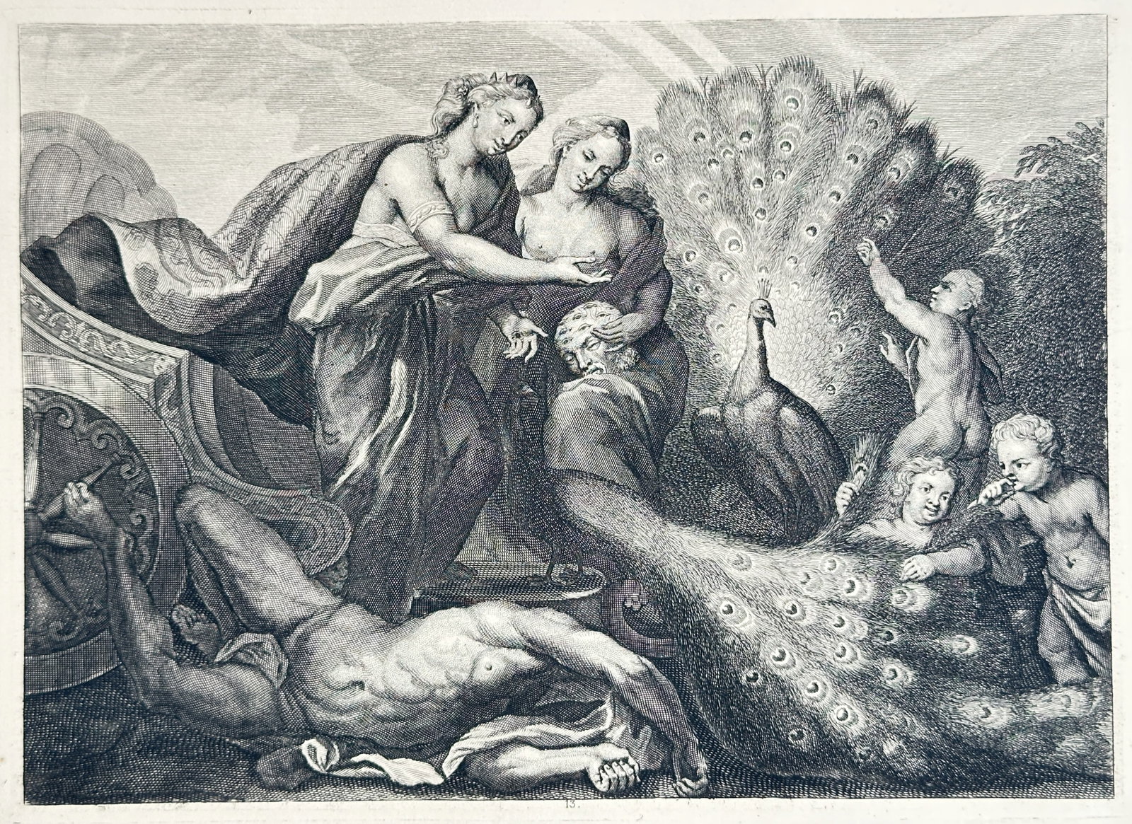 Pieter Stevens van Gunst – Mythological Scene of Juno and Argus – Engraving (18th Century) (1 of 3)