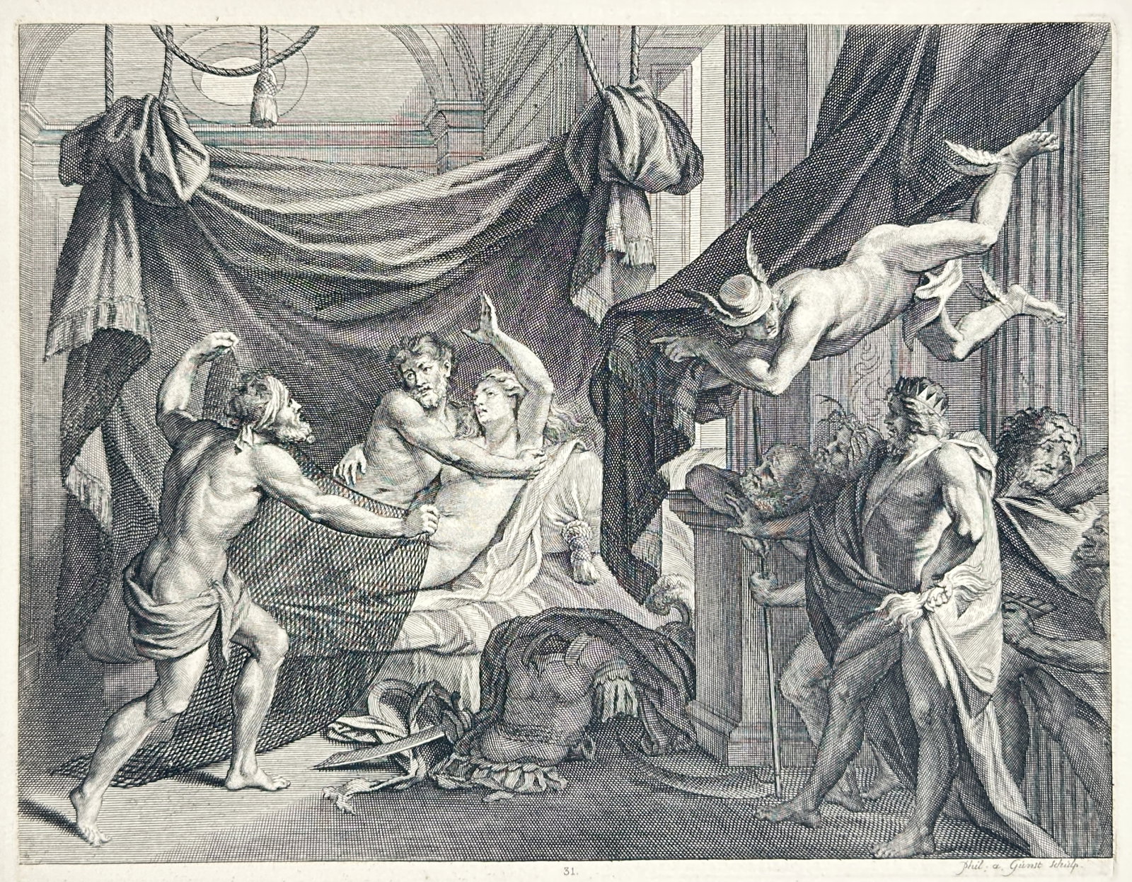 Pieter Stevens van Gunst – Mythological Scene of Vulcan Entrapping Mars and Venus – Engraving: "Vulcan Entrapping Mars and Venus" presents a mythological scene depicting Vulcan casting a fine bronze net over Mars and Venus while the Olympian gods gather to observe. Executed as an engraving duri