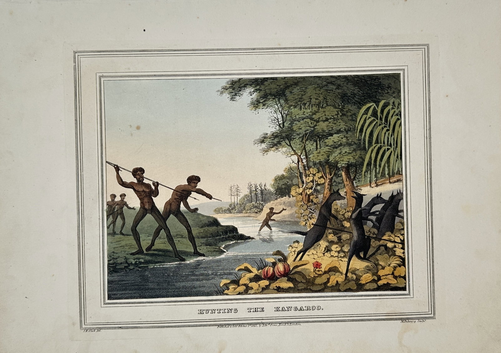 Samuel Howitt – Ethnographic Study of Hunting the Kangaroo – Hand-Colored Aquatint (1807): "Hunting the Kangaroo" presents an early colonial ethnographic scene depicting Indigenous Australians hunting kangaroos with spears in a lush natural landscape along a waterway. Executed as a hand-col