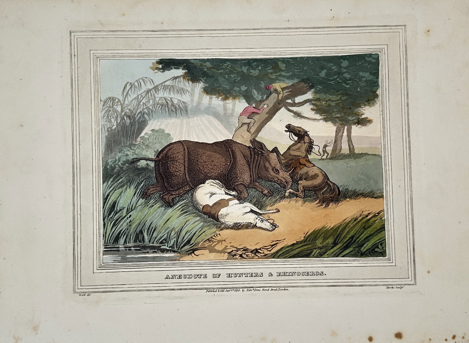 Samuel Howitt – Dramatic Encounter Between Hunters and a Rhinoceros – Aquatint (1807) (1 of 2)