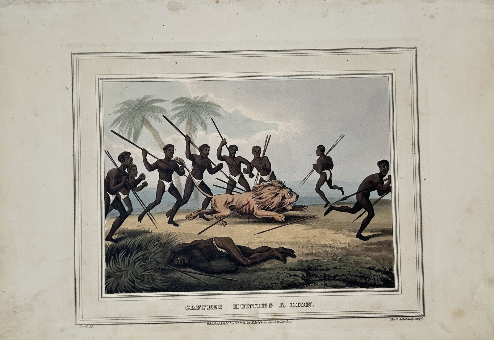 Samuel Howitt – Ethnographic Study of Caffres Hunting a Lion – Aquatint (1807): "Caffres Hunting a Lion" presents an early colonial ethnographic scene depicting indigenous African hunters surrounding and engaging a lion with spears in an open landscape with palm trees. Executed a