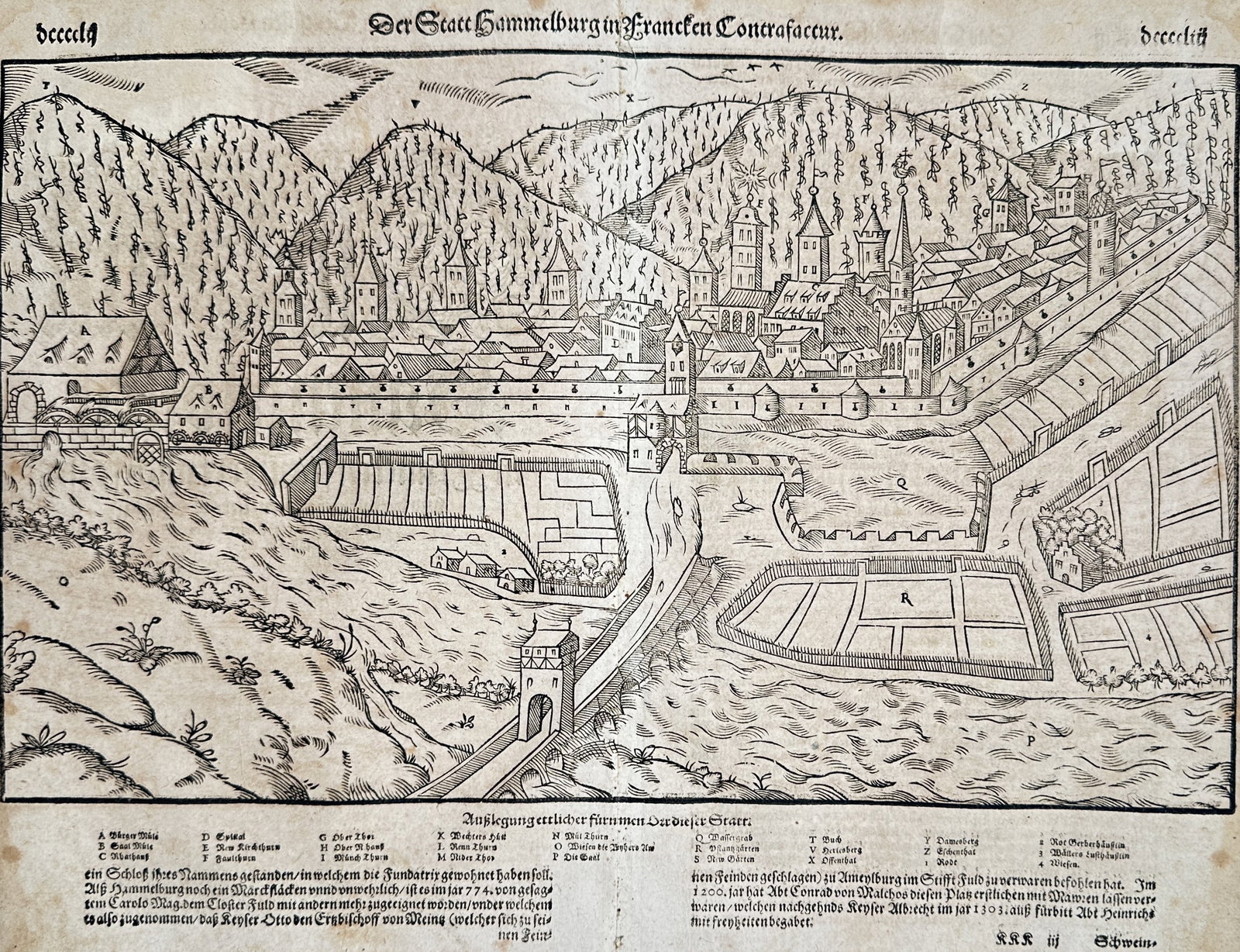 Sebastian Münster – Panoramic View of the City of Hammelburg in Franconia – Woodcut (1 of 3)