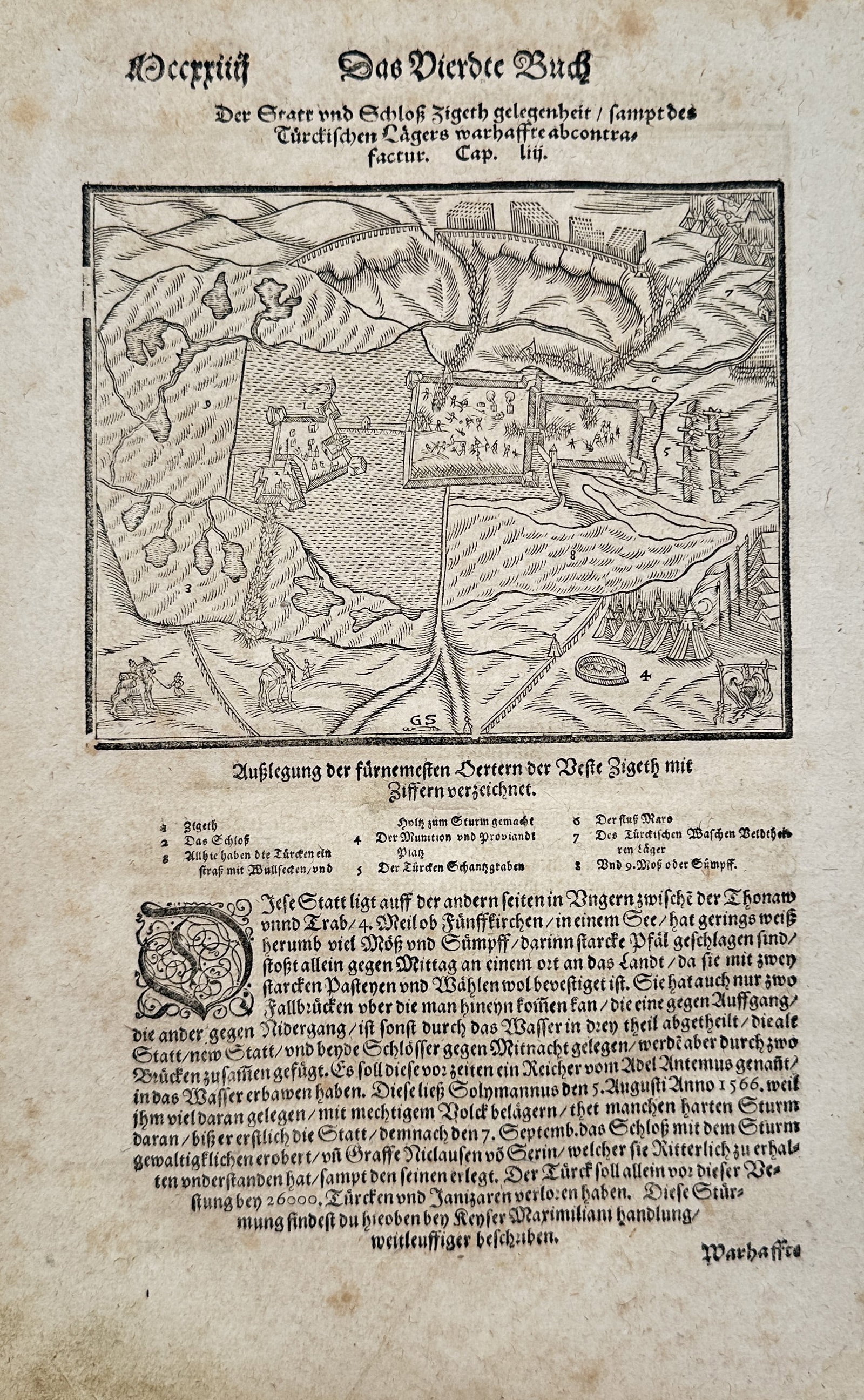 Sebastian Münster – View of the Fortress and Ottoman Siege Camp at Szigetvár – Woodcut (1 of 2)