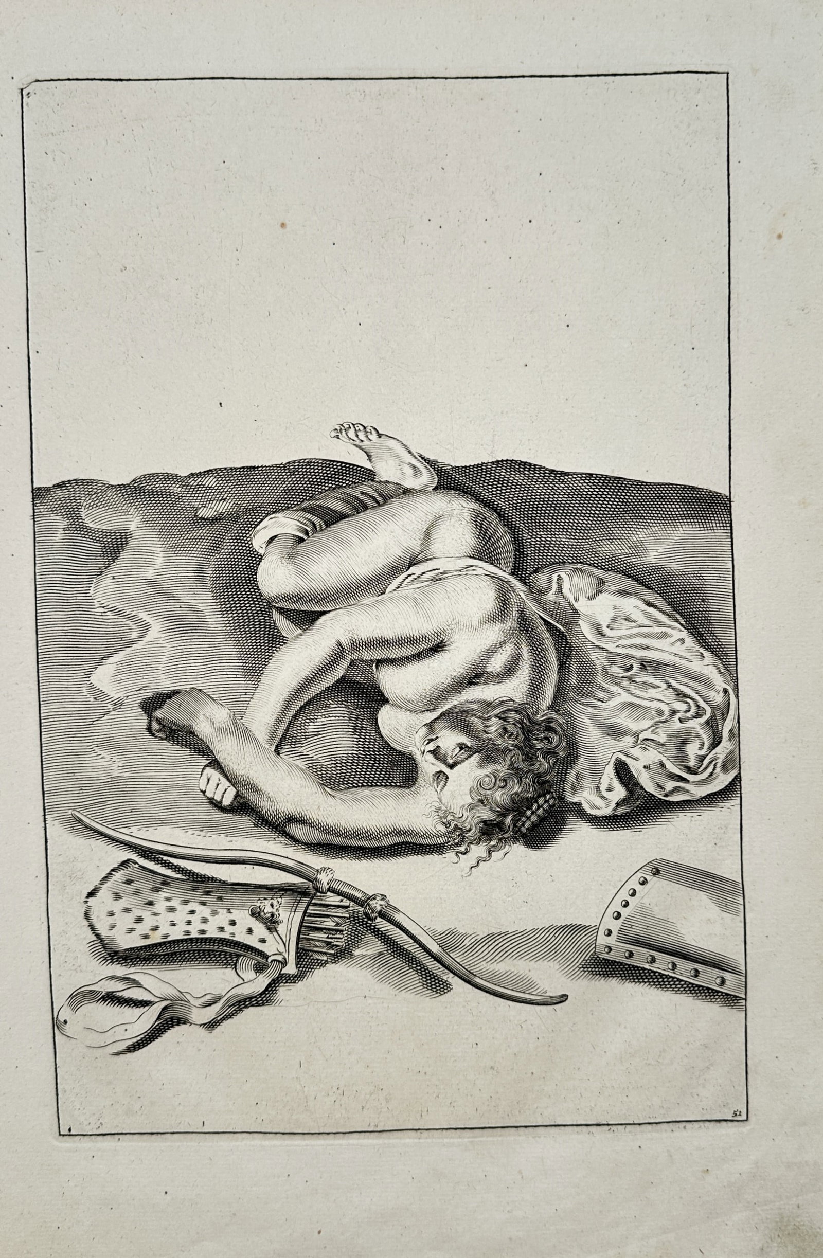 Frederick de Wit – Figure Study of Sleeping Cupid – Engraving (17th Century): "Sleeping Cupid" presents a seventeenth-century artistic figure study depicting a reclining winged cherub resting beside a bow and quiver of arrows, serving as a classical drawing model for academic i