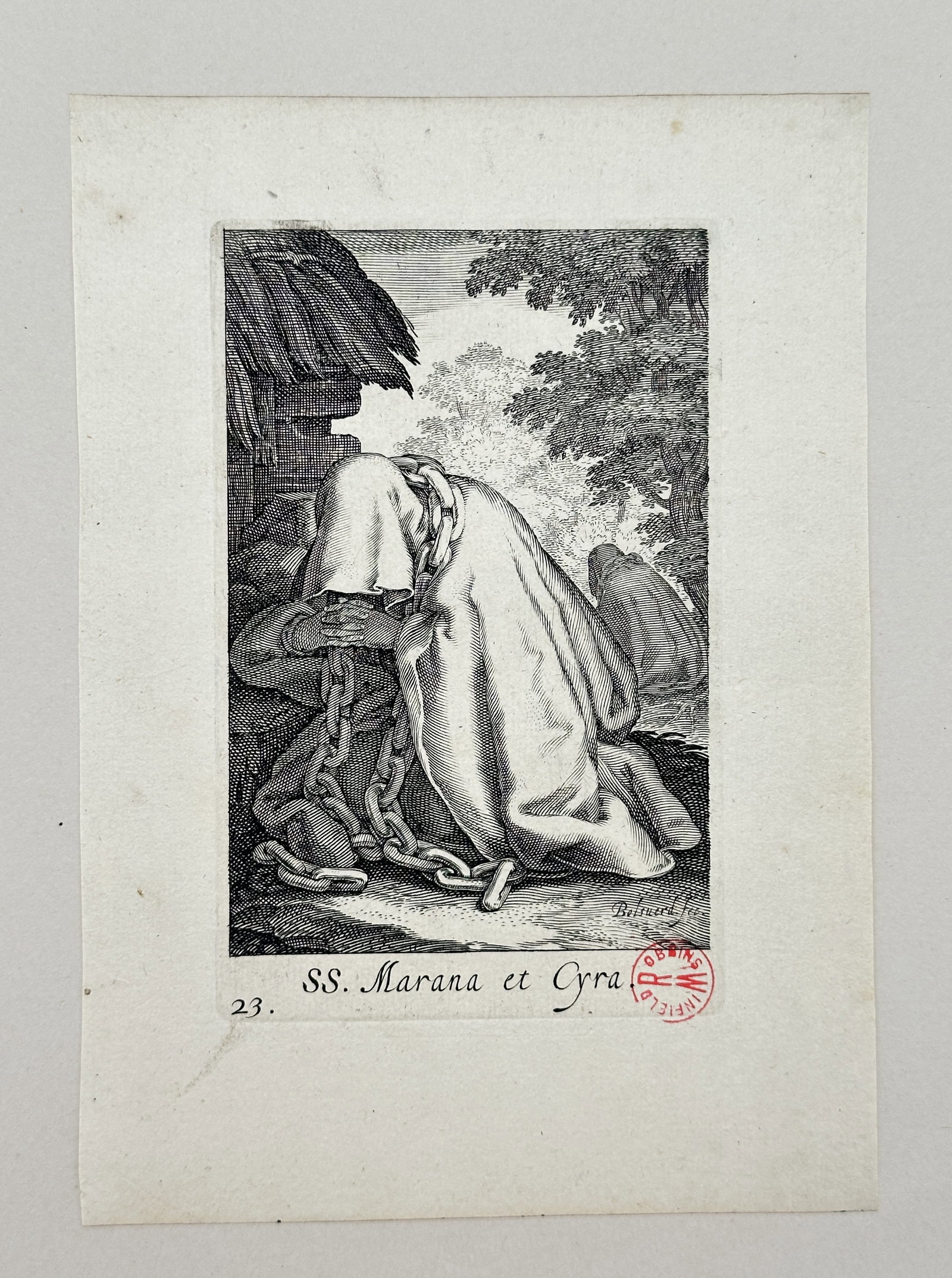 Boetius Adamsz. Bolswert – Devotional Portrait of Saints Marana and Cyra – Engraving: "Saints Marana and Cyra" presents a seventeenth-century religious study depicting the veiled ascetic figures bound in heavy iron chains kneeling in devout prayer near a humble shelter within a natural