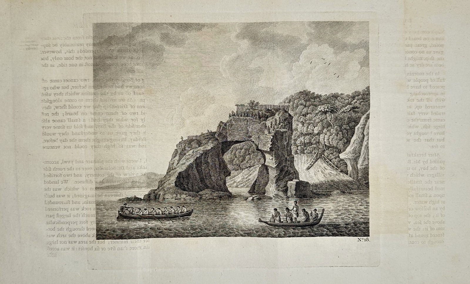 John Webber – Ethnographic Study of an Arched Rock and Fortified Village (Pa) in New Zealand: "Arched Rock and Fortified Village in New Zealand" presents an eighteenth-century ethnographic and topographical study depicting a natural rock archway along the New Zealand coastline, complete with a