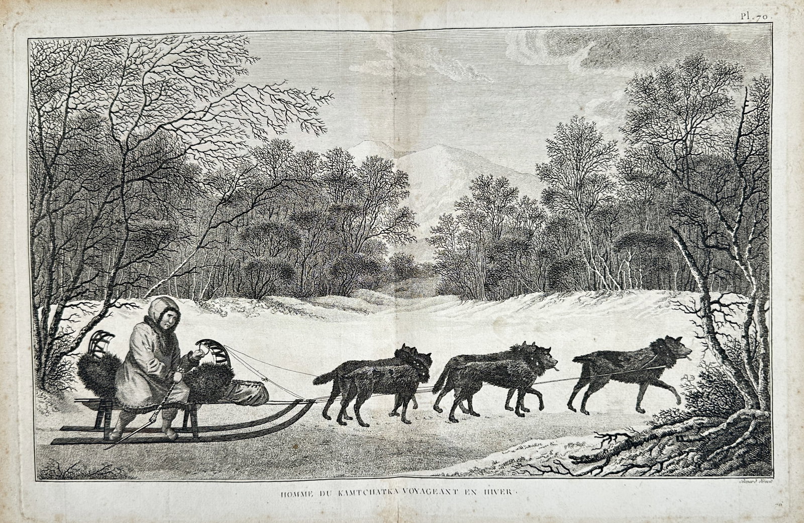John Webber – Ethnographic Study of a Kamchatka Man Travelling in Winter – Engraving: "Homme du Kamtschatka Voyageant en Hiver" presents an eighteenth-century ethnographic study depicting an Indigenous inhabitant of Kamchatka wearing fur attire while driving a sled pulled by a team of 