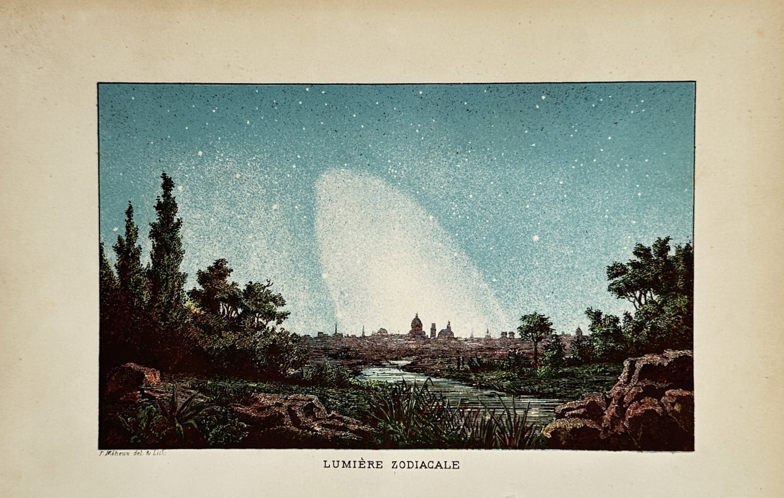 Jean-Pierre Rambosson – Astronomical Study of Zodiacal Light – Chromolithograph (19th Century): "Lumière Zodiacale" presents a nineteenth-century astronomical study depicting the faint cone of zodiacal light extending upward into the night sky over a distant city skyline framed by trees and a r