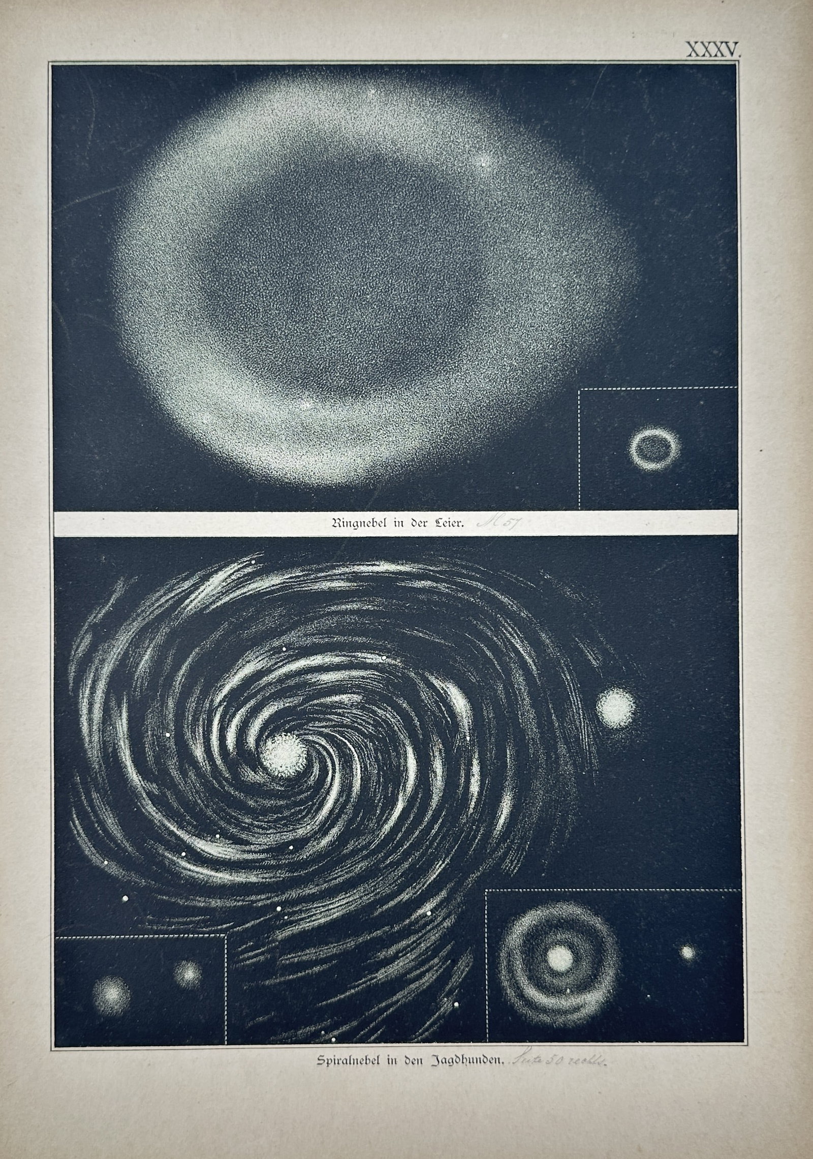 Edmund Weiss – Astronomical Study of the Ring Nebula and Whirlpool Galaxy – Lithograph: "Ringnebel in der Leier and Spiralnebel in den Jagdhunden" presents a nineteenth-century astronomical study depicting deep-sky phenomena including the Ring Nebula in the constellation Lyra and the Whi