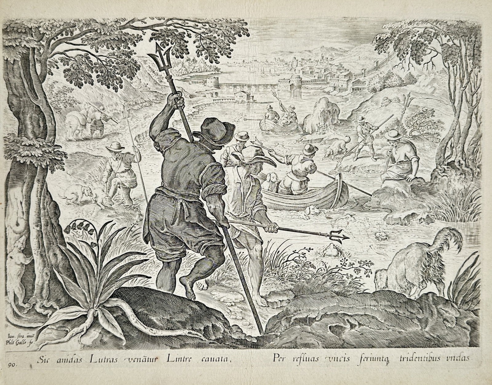 Jan van der Straet – Hunting for Otter with Tridents – Engraving (16th Century) (1 of 2)