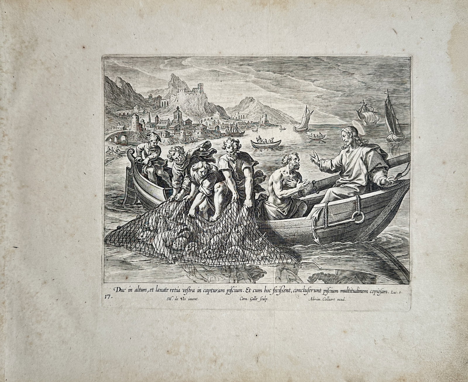 Maarten de Vos – Biblical Scene of the Miraculous Draught of Fishes – Engraving (16th Century) (1 of 2)