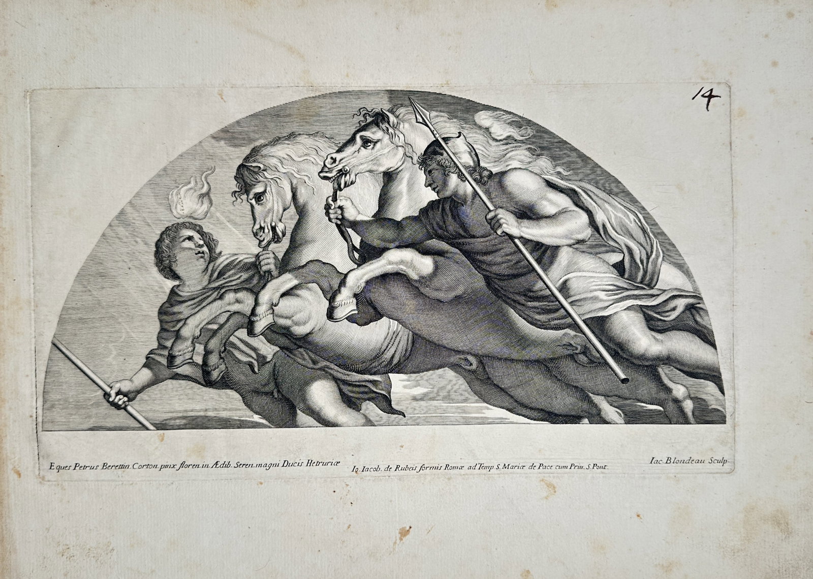 Jacques Blondeau – Allegorical Study of Castor and Pollux – Engraving (17th Century): "Castor and Pollux" presents a seventeenth-century allegorical study depicting the Dioscuri rearing spirited horses within an arched lunette composition filled with dynamic motion and classical draper