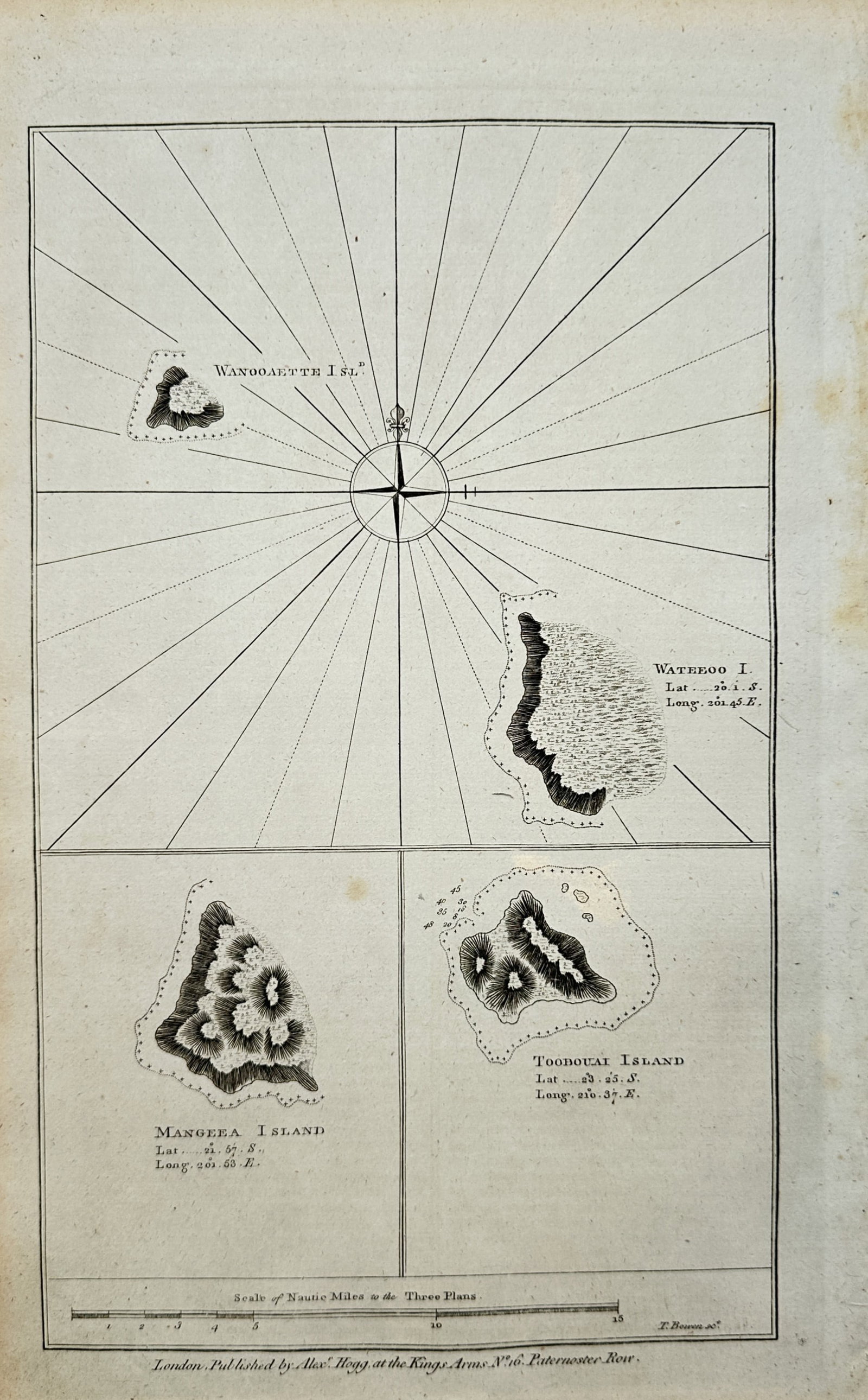 Alexander Hogg – Map of Wateeo, Wengoette, Mangeea, and Toobouai Islands – Cook Islands: "Map of Wateeo, Wengoette, Mangeea, and Toobouai Islands" presents an eighteenth-century cartographic study depicting coastal outlines, rhumb lines, central compass rose, and topographical elevations 