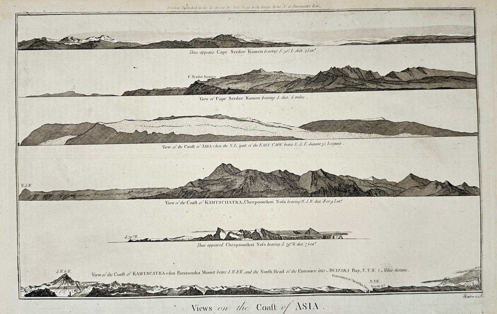 Alexander Hogg – Map of Views on the Coast of Asia – Russia – Engraving (18th Century): "Views on the Coast of Asia" presents an eighteenth-century cartographic study depicting coastal profiles, mountainous shorelines, and navigational landmarks of Kamchatka and the Bering Strait surveye