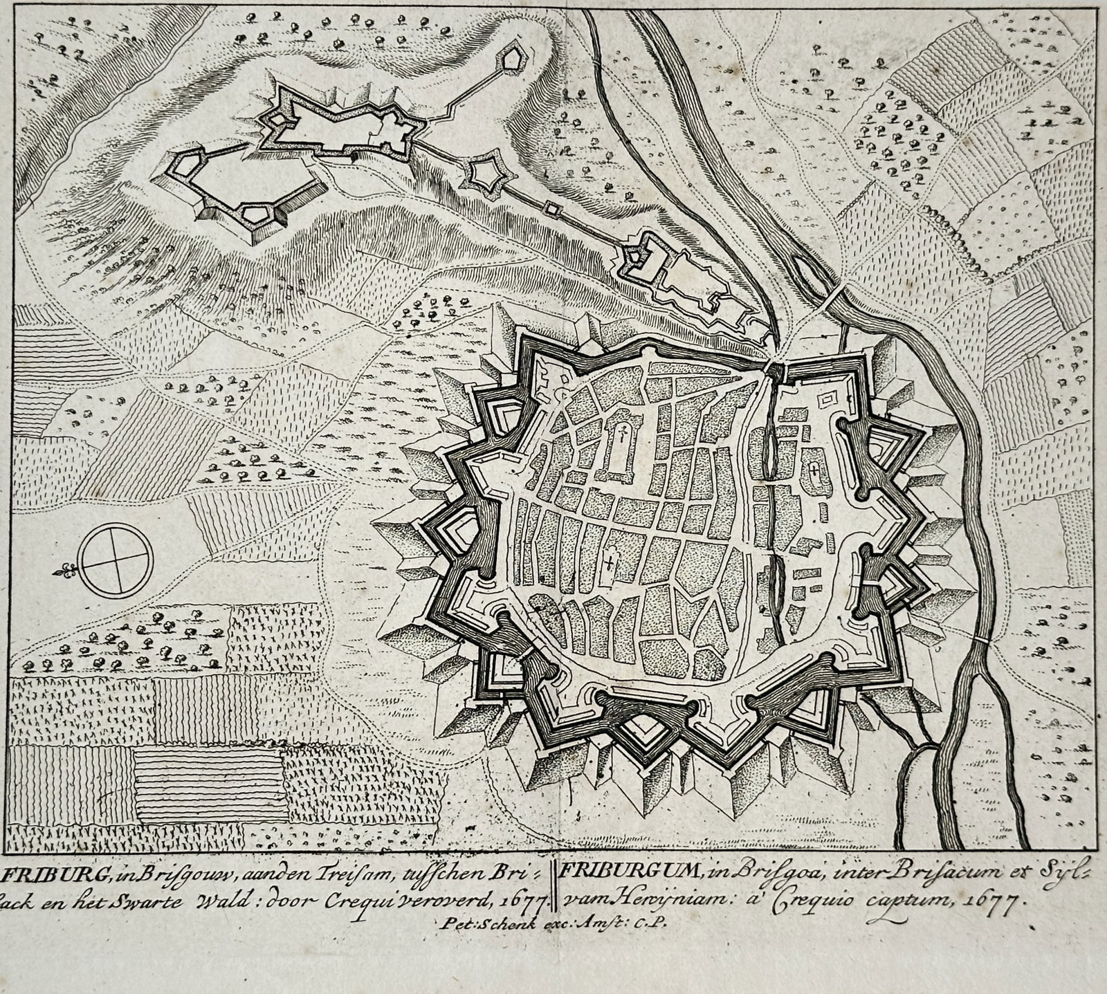 Pieter Schenk – Map of Friburgum in Brisgoa – Germany – Engraving (17th Century): "Map of Friburgum in Brisgoa" presents a seventeenth-century cartographic study depicting the fortified plan of Freiburg im Breisgau, illustrating its star-shaped bastions, street layouts, outer rampa