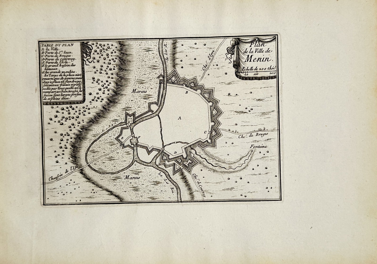 Jacques Chéreau – Map of the Town of Menin – Belgium – Engraving (18th Century) (1 of 2)