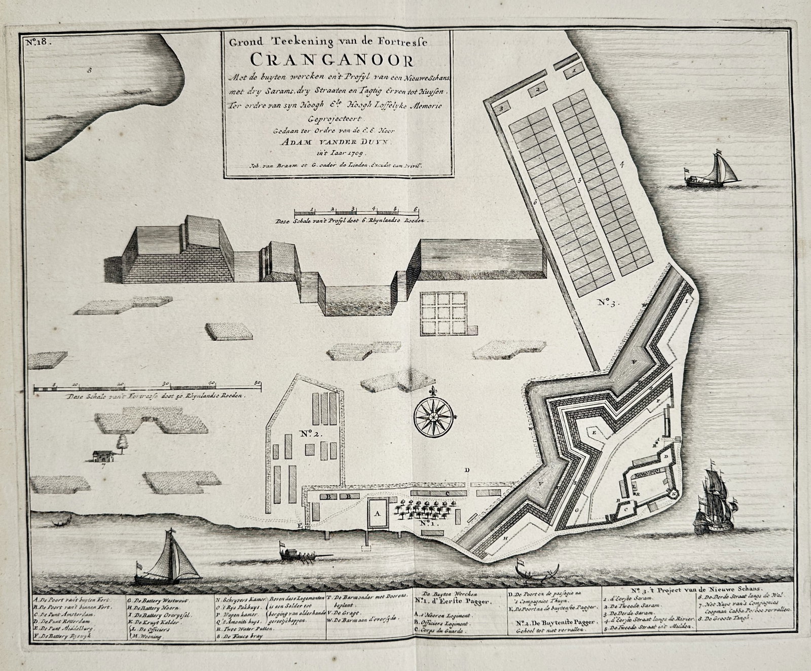 Adam van der Duyn – Map of the Fortress of Cranganoor – India – Engraving (18th Century) (1 of 2)