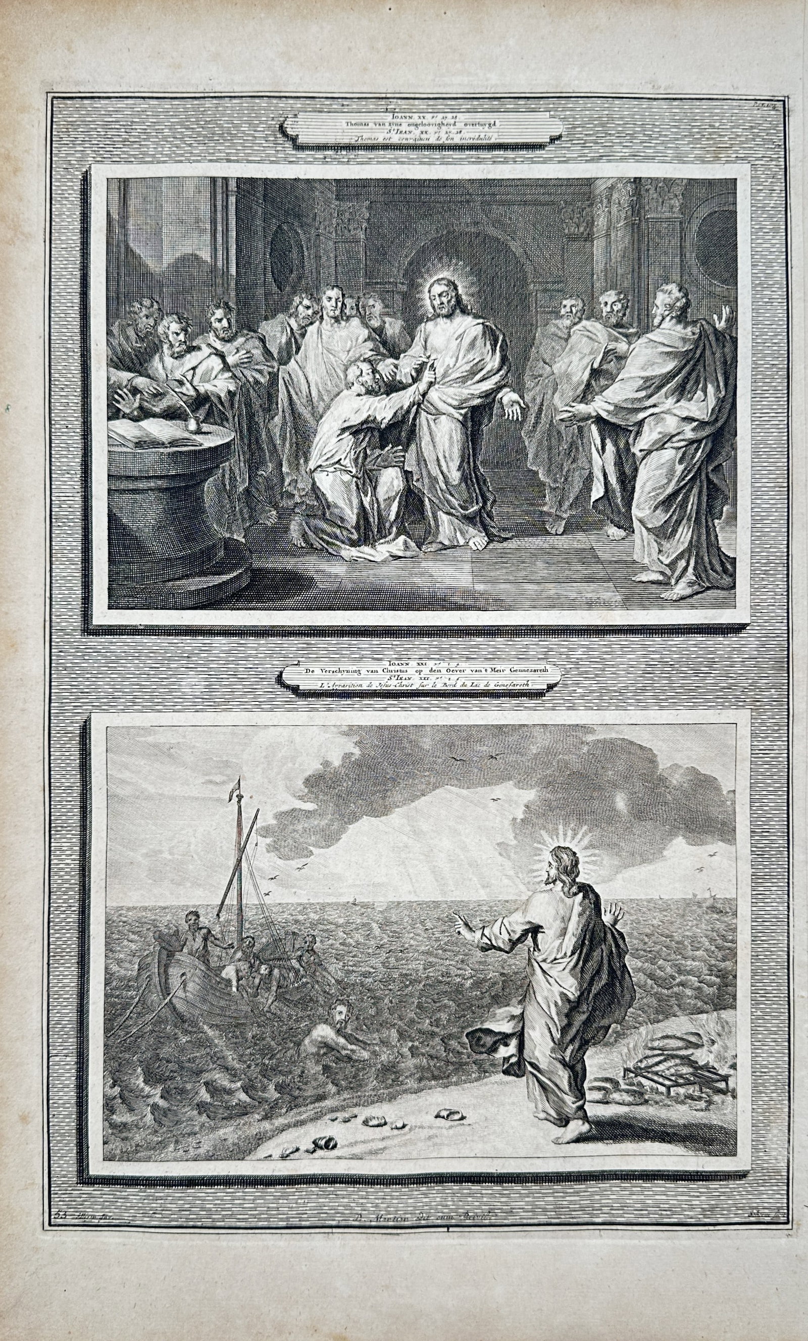 Pierre Mortier – Biblical Scenes of the Incredulity of Saint Thomas and the Miraculous Catch: "Incredulity of Saint Thomas & Miraculous Appearance at the Sea of Gennesaret" presents an eighteenth-century biblical study in two composite panels: the upper register depicting Saint Thomas touching