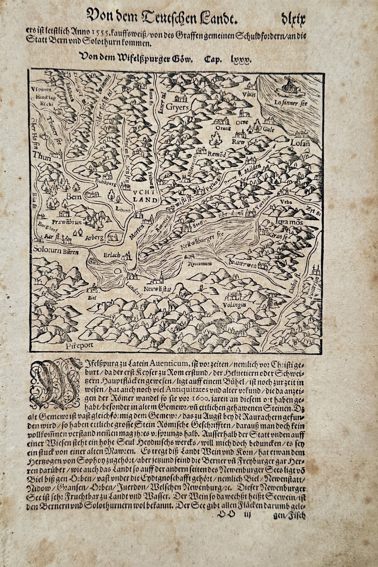 Sebastian Münster – Regional Map of Wiflisburger Gow – Switzerland – Woodcut (16th Century) (1 of 2)
