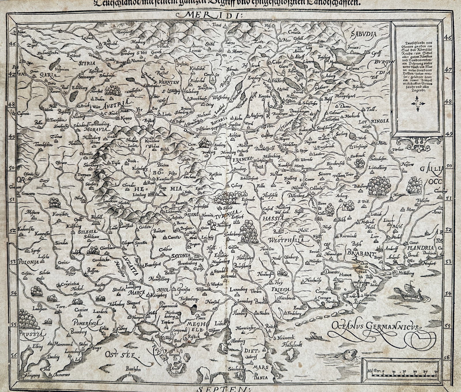 Sebastian Münster – Map of Germany with its entire concept – Germany – Woodcut (16th Century): "Teutschlandt mit seinem ganzen Begriff und eingeschlossinen Landschafften" presents a sixteenth-century cartographic study depicting the map of Central Europe oriented with South at the top, illustra