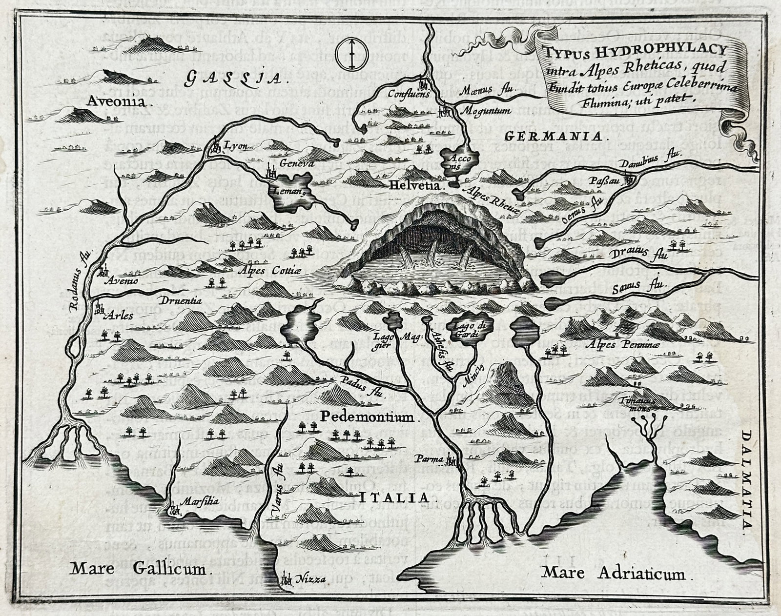 Athanasius Kircher – Map of the Hydrophylacium of the Central Alps – Switzerland – Engraving (1 of 3)