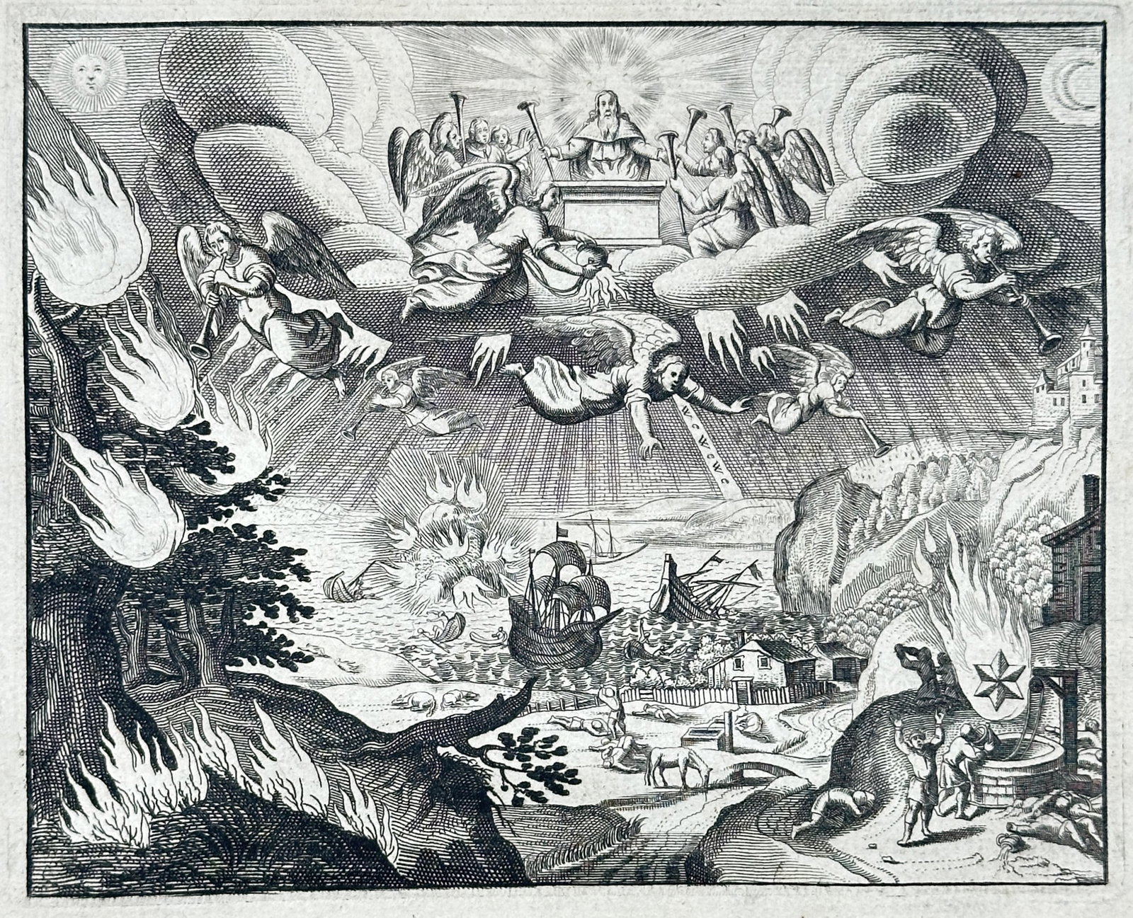 Nicolas Fontaine – Biblical Scene of the Seven Angels with Trumpets – France – Engraving (1 of 3)