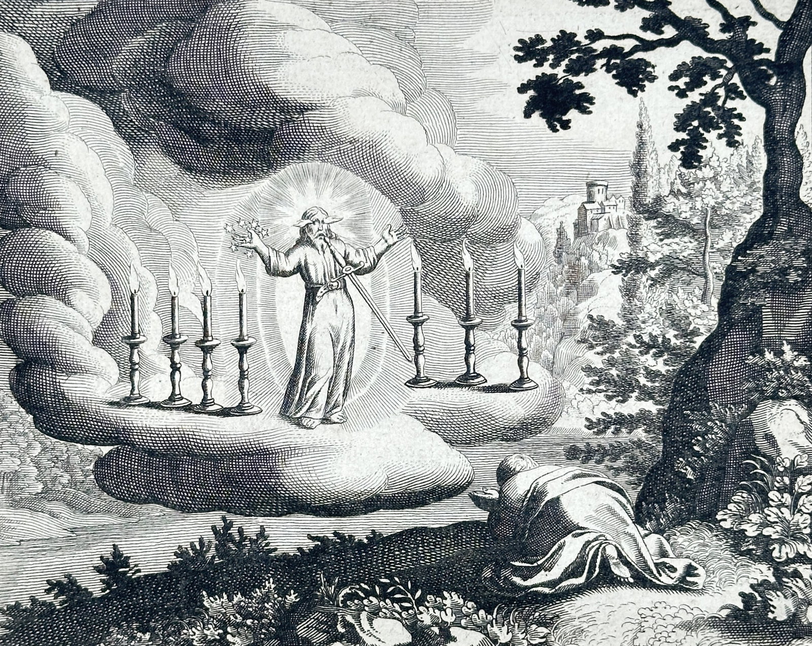 Nicolas Fontaine – Biblical Scene of the Vision of Saint John in the Apocalypse – France –: "Vision of Saint John in the Apocalypse" presents a seventeenth-century biblical study depicting Saint John prostrating on the island of Patmos before a divine vision of Christ surrounded by seven gol