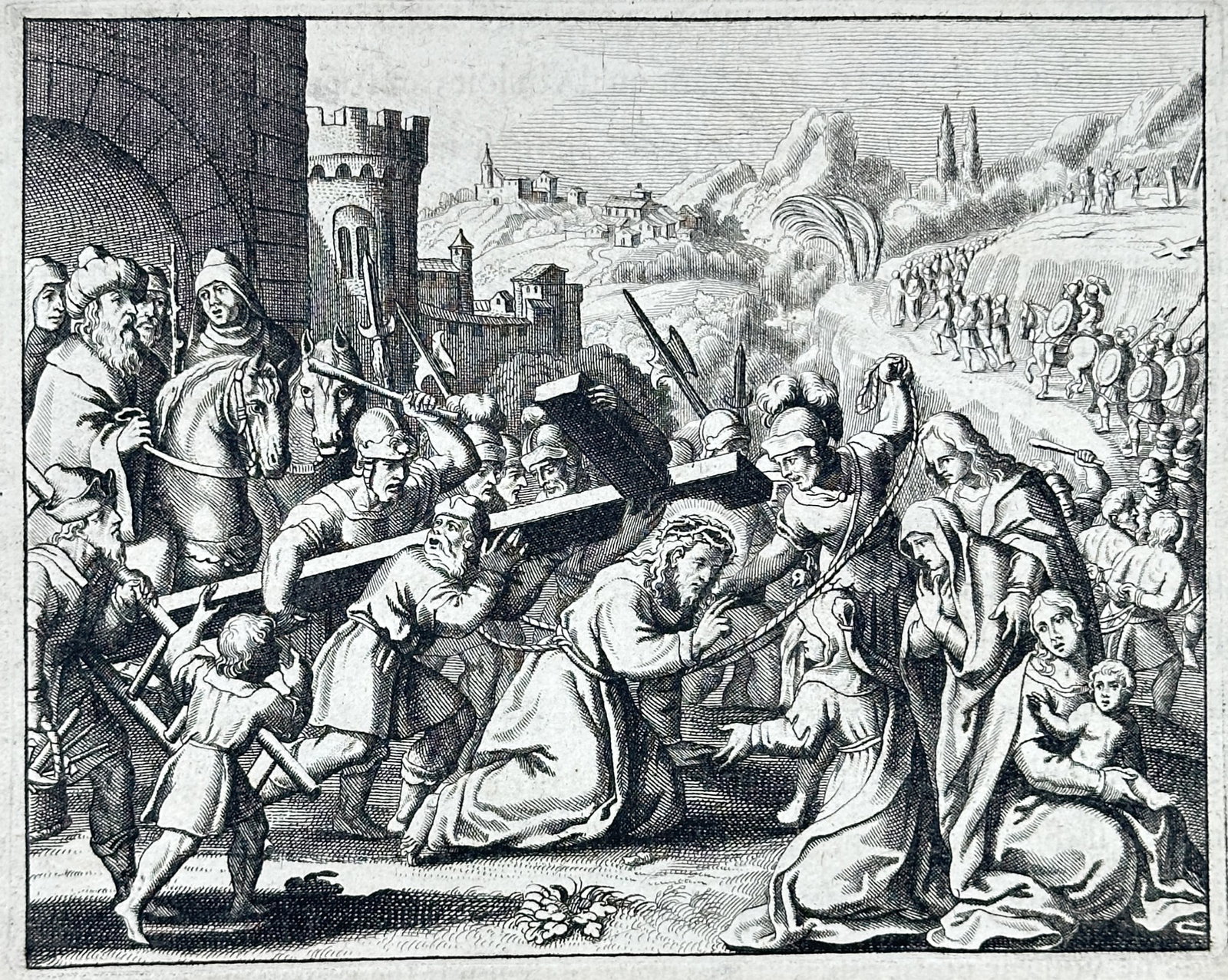 Nicolas Fontaine – Carrying of the Cross to Mount Calvary – Engraving (17th Century): "Carrying of the Cross to Mount Calvary" depicts the biblical narrative of Jesus struggling under the weight of the cross while accompanied by soldiers and figures of mourning outside the city walls o